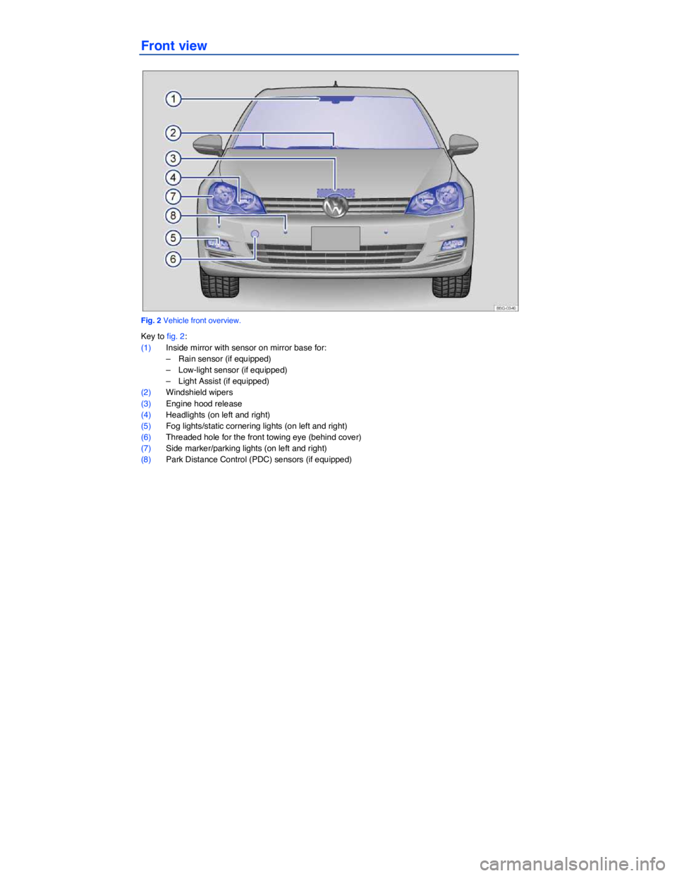 VOLKSWAGEN SCIROCCO 2015  Owner´s Manual Front view 
 
Fig. 2 Vehicle front overview. 
Key to fig. 2: 
(1) Inside mirror with sensor on mirror base for: 
–  Rain sensor (if equipped)  
–  Low-light sensor (if equipped)  
–  Light Assis