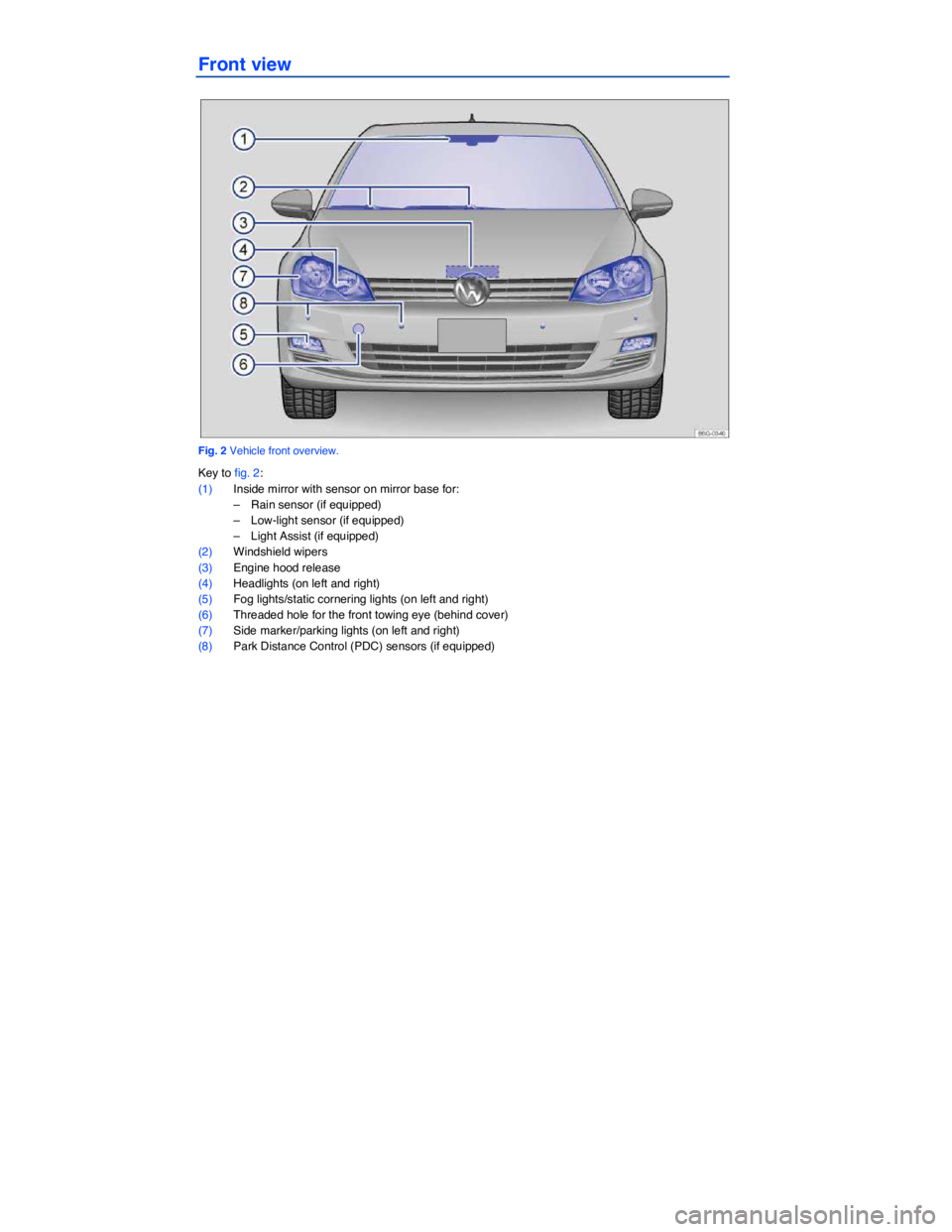 VOLKSWAGEN SCIROCCO 2015  Owner´s Manual Front view 
 
Fig. 2 Vehicle front overview. 
Key to fig. 2: 
(1) Inside mirror with sensor on mirror base for: 
–  Rain sensor (if equipped)  
–  Low-light sensor (if equipped)  
–  Light Assis