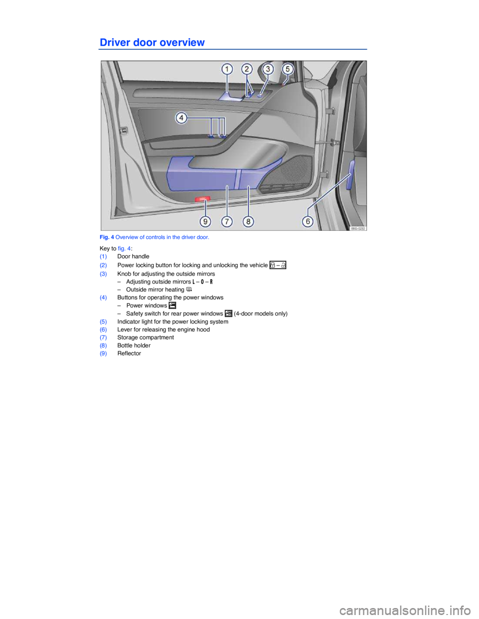 VOLKSWAGEN GOLF 2015  Owner´s Manual Driver door overview 
 
Fig. 4 Overview of controls in the driver door. 
Key to fig. 4: 
(1) Door handle  
(2) Power locking button for locking and unlocking the vehicle �