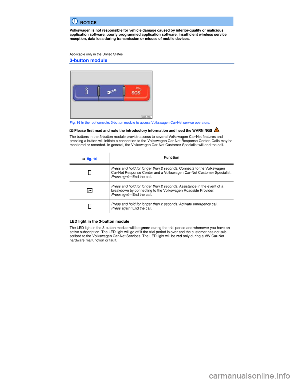 VOLKSWAGEN GOLF 2015  Owner´s Manual   
  NOTICE 
Volkswagen is not responsible for vehicle damage caused by inferior-quality or malicious application software, poorly programmed application software, insufficient wireless service recept