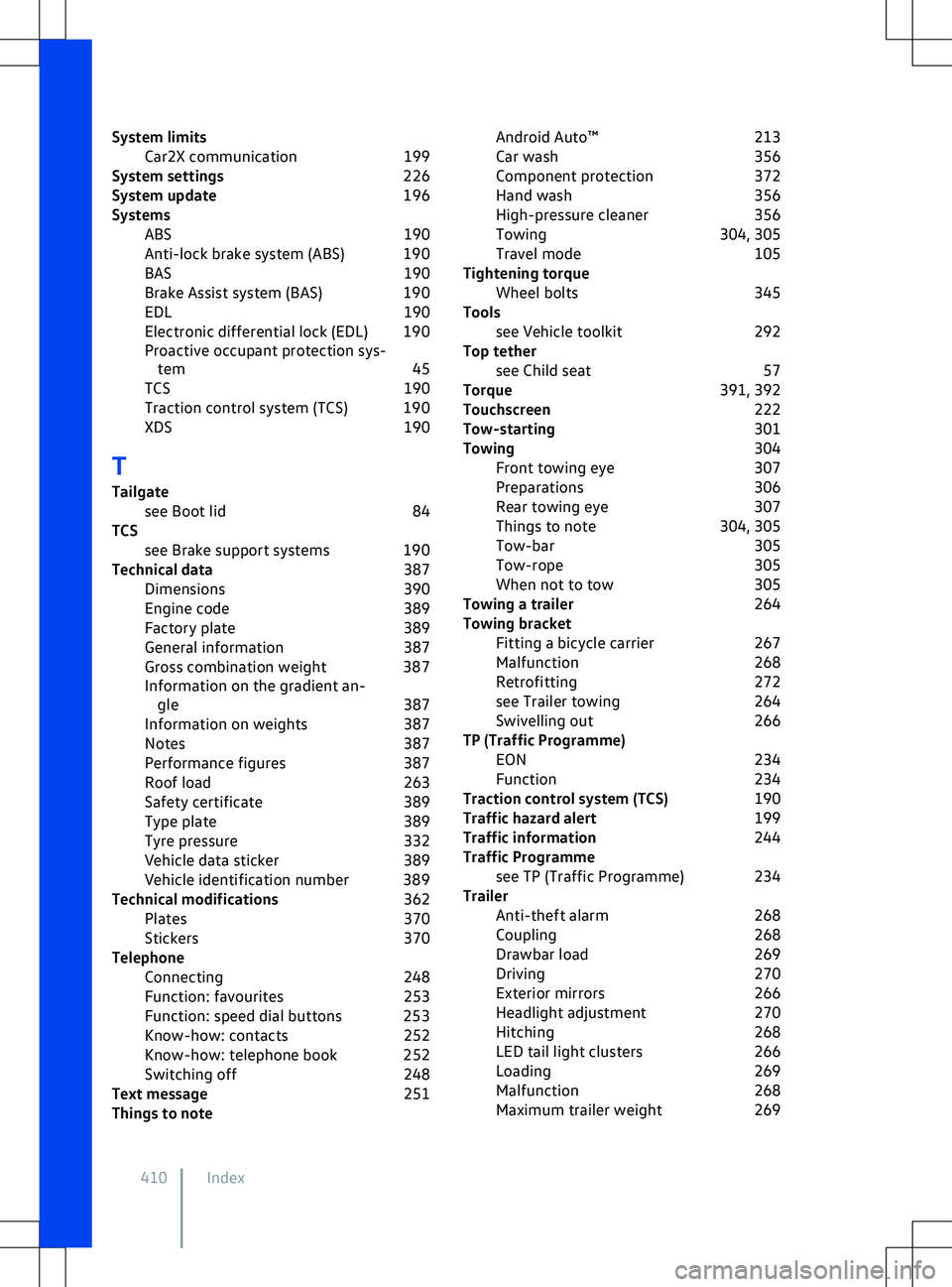 VOLKSWAGEN ID.4 2020 Owner´s Manual System limits
Car2X communication 199
System settings 226
System update 196
Systems ABS 190
Anti-lock brake system (ABS) 190
BAS 190
Brake Assist system (BAS) 190
EDL 190
Electronic differential lock VOLKSWAGEN ID.4 2020 Owner´s Manual System limits
Car2X communication 199
System settings 226
System update 196
Systems ABS 190
Anti-lock brake system (ABS) 190
BAS 190
Brake Assist system (BAS) 190
EDL 190
Electronic differential lock
