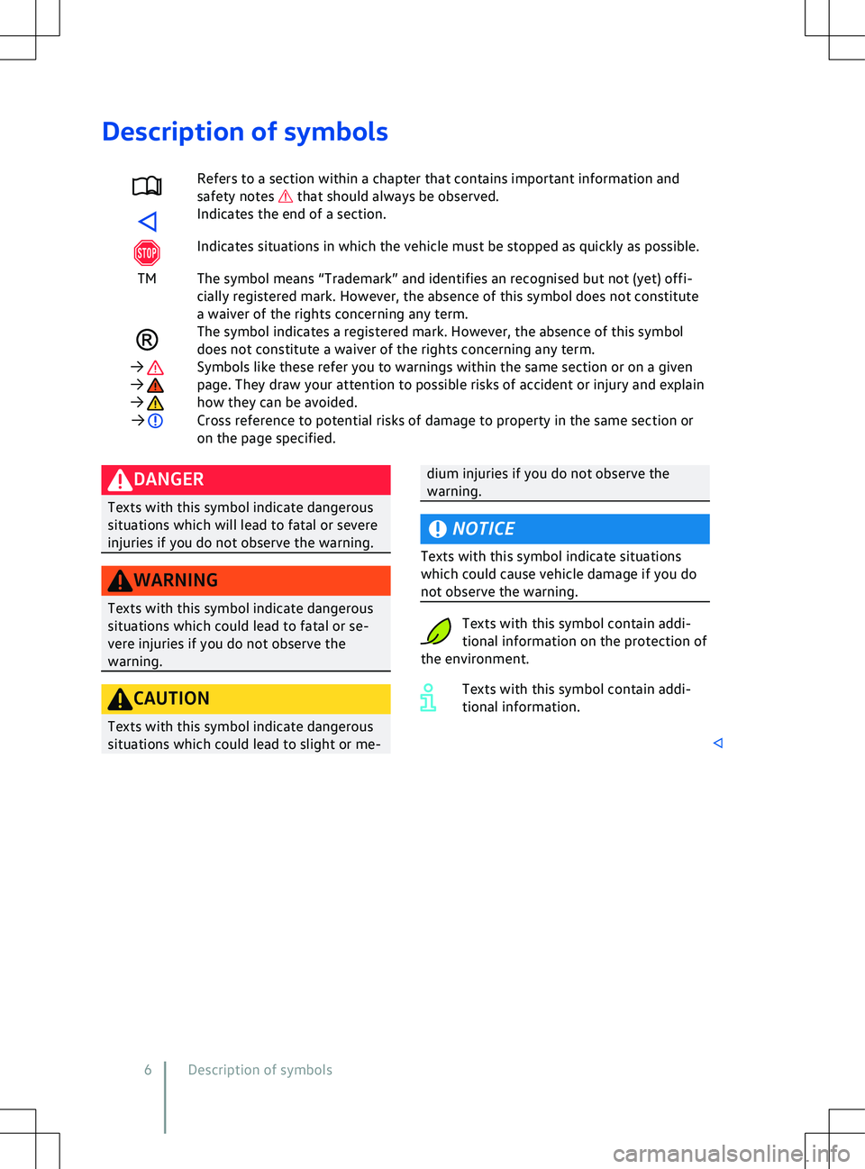 VOLKSWAGEN ID.4 2020  Owner´s Manual Description of symbols
Refers to a section within a chapter that contains important information and
saf ety notes   that should always be observed.
Indicates the end of a section.
Indicates situations