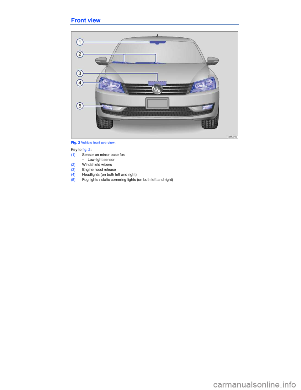 VOLKSWAGEN PASSAT 2014  Owner´s Manual  
Front view 
 
Fig. 2 Vehicle front overview. 
Key to fig. 2: 
(1) Sensor on mirror base for: 
–  Low-light sensor  
(2) Windshield wipers  
(3) Engine hood release  
(4) Headlights (on both left a
