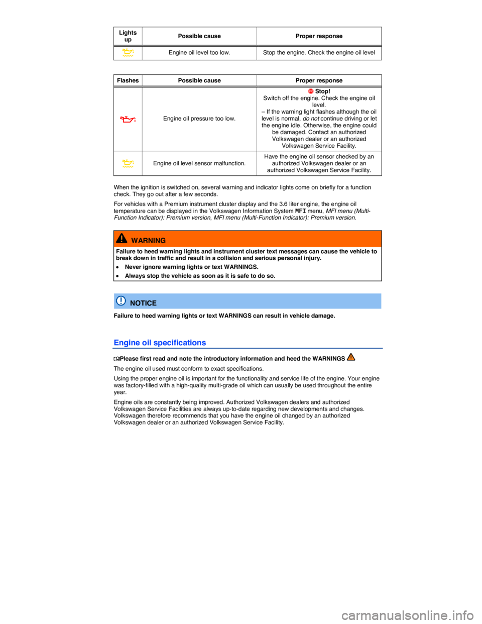 VOLKSWAGEN PASSAT 2014  Owner´s Manual  
Lights up Possible cause  Proper response 
�
