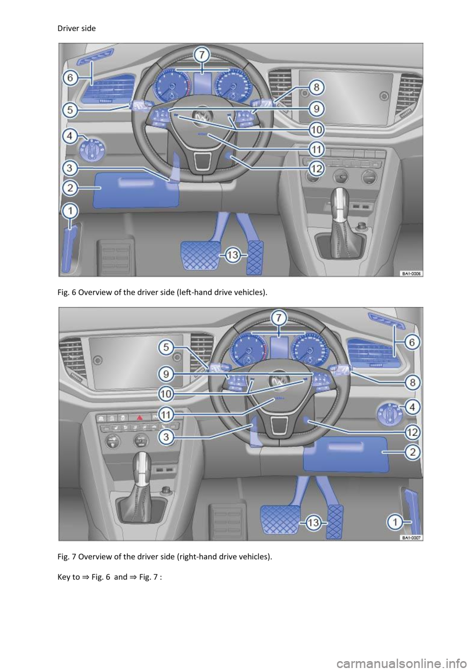 VOLKSWAGEN T-ROC 2021 Owner´s Manual Driver side
Fig. 6 Overview of the driver side (left-hand drive vehicles).
Fig. 7 Overview of the driver side (right-hand drive vehicles).
Key to ⇒ Fig. 6  and ⇒ Fig. 7 :
VOLKSWAGEN T-ROC 2021 Owner´s Manual Driver side
Fig. 6 Overview of the driver side (left-hand drive vehicles).
Fig. 7 Overview of the driver side (right-hand drive vehicles).
Key to ⇒ Fig. 6  and ⇒ Fig. 7 :