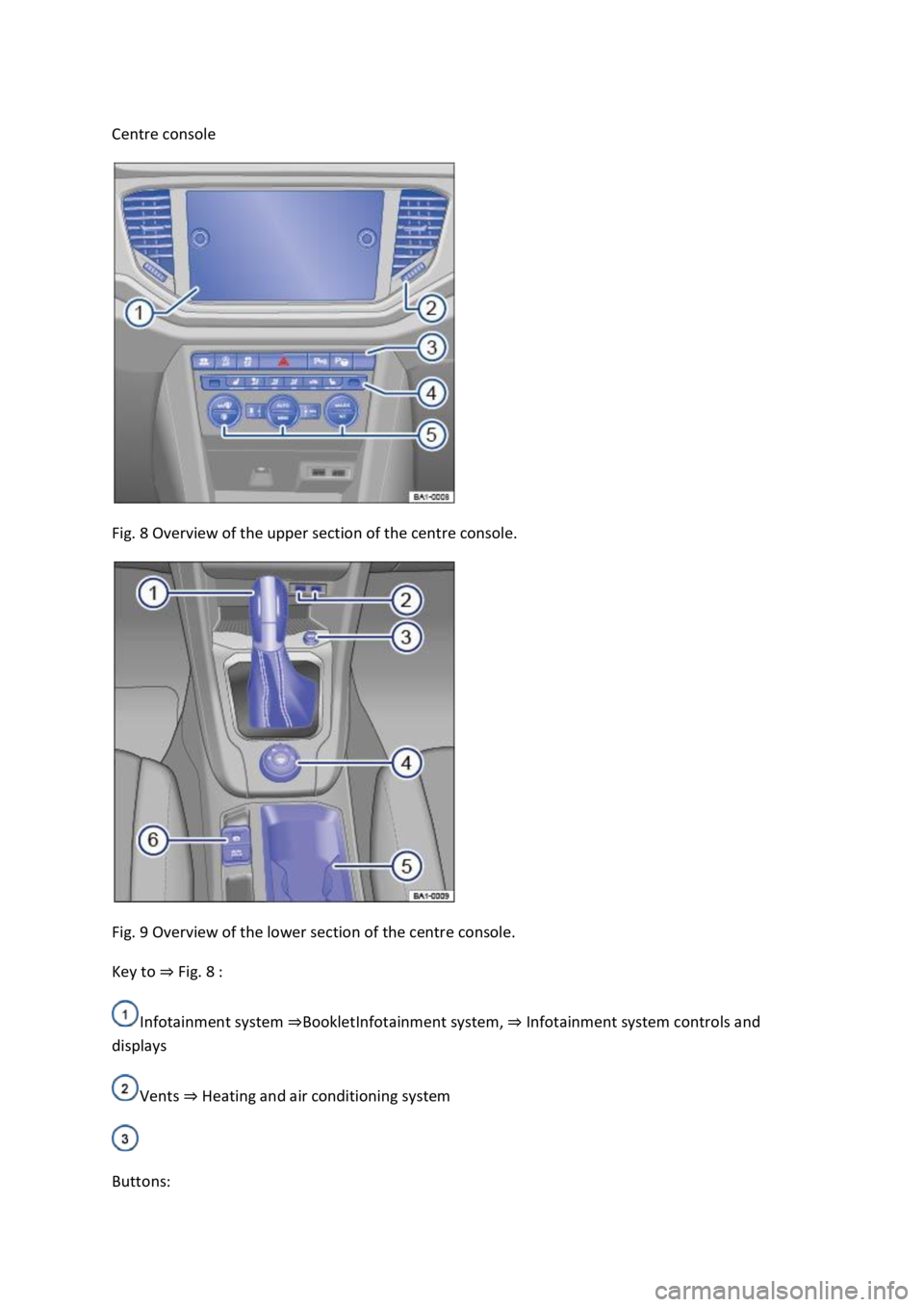 VOLKSWAGEN T-ROC 2021  Owner´s Manual  
 
Centre console 
 
Fig. 8 Overview of the upper section of the centre console. 
 
Fig. 9 Overview of the lower section of the centre console. 
Key to ⇒ Fig. 8 : 
Infotainment system ⇒BookletI