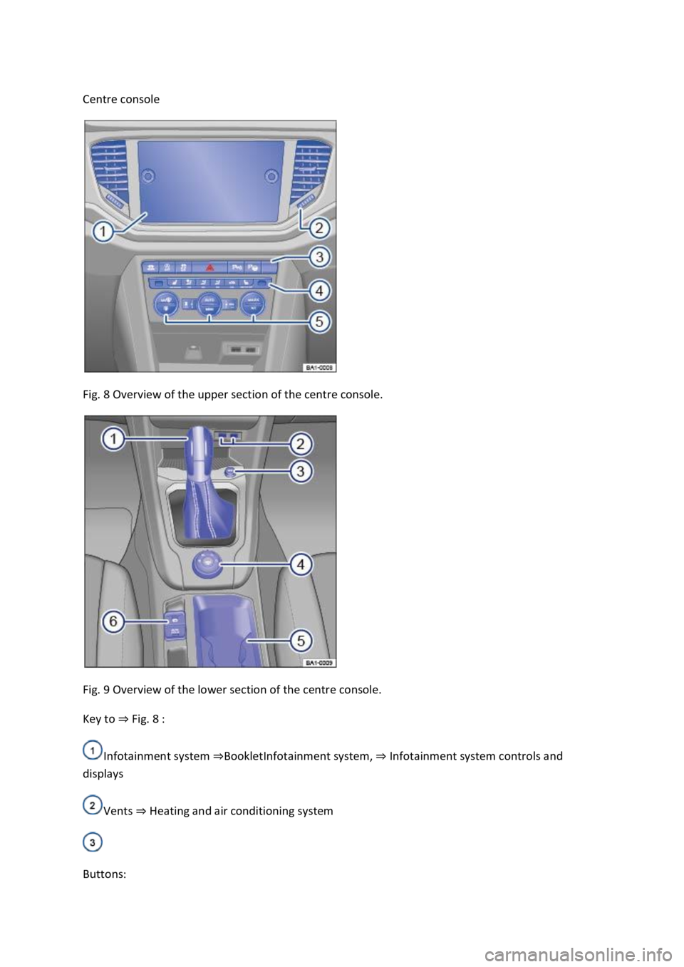 VOLKSWAGEN T-ROC 2021  Owner´s Manual  
 
Centre console 
 
Fig. 8 Overview of the upper section of the centre console. 
 
Fig. 9 Overview of the lower section of the centre console. 
Key to ⇒ Fig. 8 : 
Infotainment system ⇒BookletI