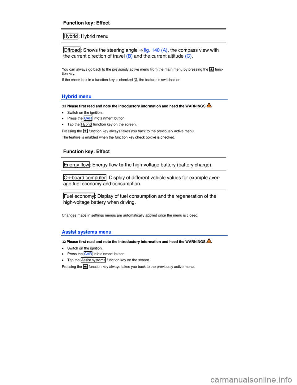 VOLKSWAGEN TOUAREG 2017  Owner´s Manual  
Function key: Effect  
Hybrid : Hybrid menu  
Offroad : Shows the steering angle ⇒ fig. 140 (A), the compass view with 
the current direction of travel (B) and the current altitude (C).  
 
You 