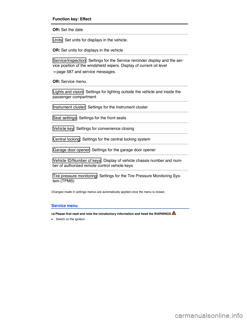 VOLKSWAGEN TOUAREG 2017  Owner´s Manual  
Function key: Effect  
OR: Set the date  
Units : Set units for displays in the vehicle.  
OR: Set units for displays in the vehicle  
Service/inspection : Settings for the Service reminder display 