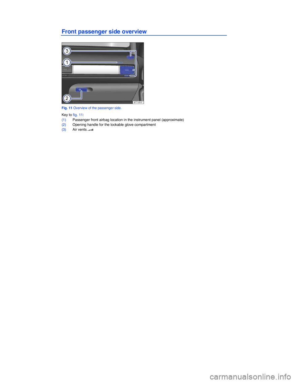 VOLKSWAGEN TOUAREG 2017  Owner´s Manual  
Front passenger side overview 
 
Fig. 11 Overview of the passenger side. 
Key to fig. 11: 
(1) Passenger front airbag location in the instrument panel (approximate)  
(2) Opening handle for the lock