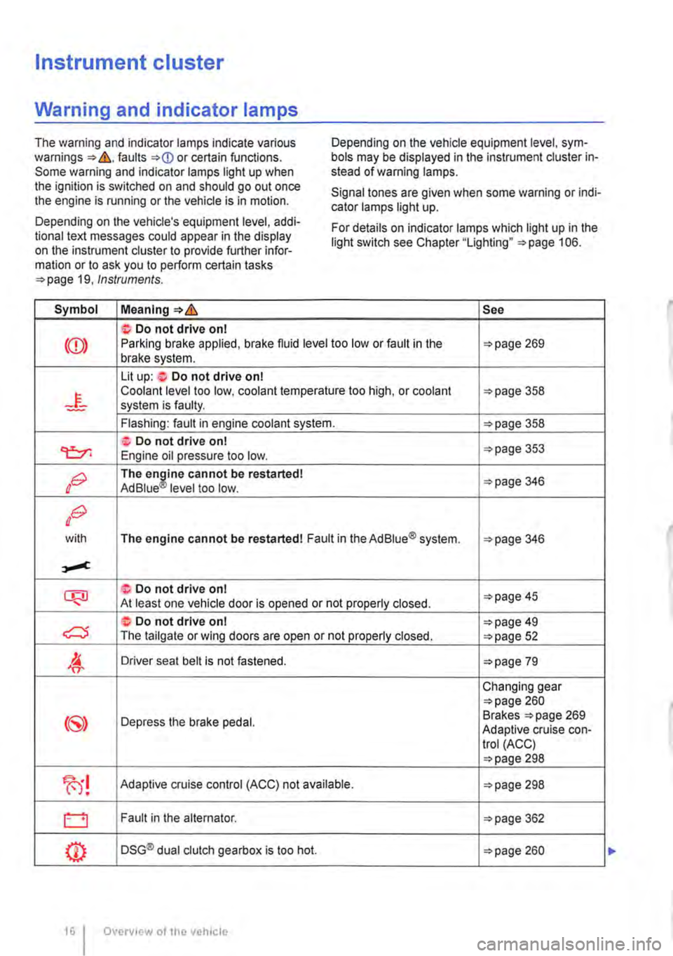 VOLKSWAGEN TRANSPORTER 2015  Owner´s Manual Instrument cluster 
Warning and indicator lamps 
The warning and indicator lamps indicate various warnings ::.&.faults ::.(D or certain functions. Some warning and indicator lamps light up when the ig