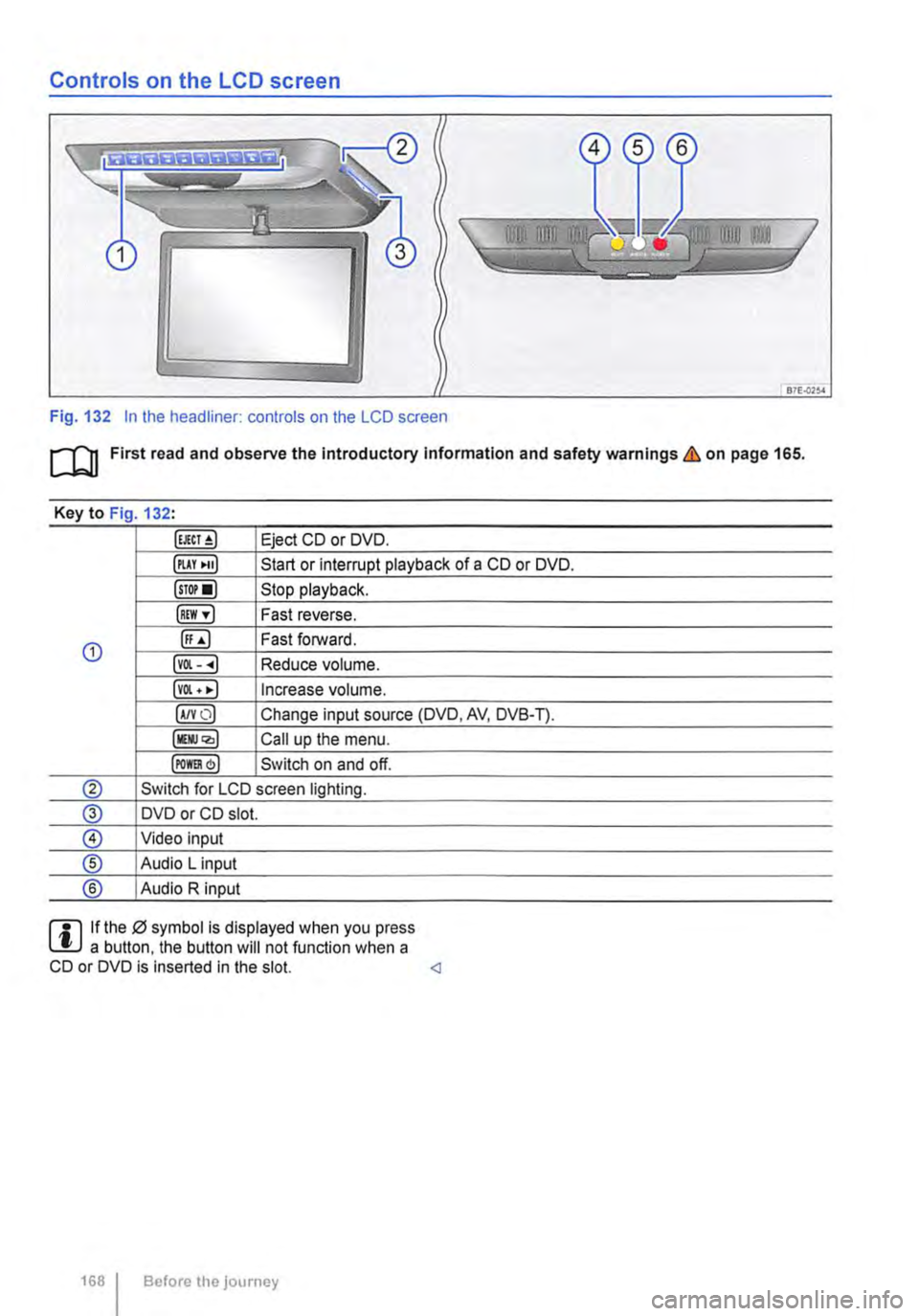 VOLKSWAGEN TRANSPORTER 2015 Owner´s Manual Controls on the LCD screen
Fig. 132 In the headliner: controls on the LCD screen
m First read and observe the Introductory Information and safety warnings & on page 165.
Key to Fig 132·
Eject CD VOLKSWAGEN TRANSPORTER 2015 Owner´s Manual Controls on the LCD screen
Fig. 132 In the headliner: controls on the LCD screen
m First read and observe the Introductory Information and safety warnings & on page 165.
Key to Fig 132·
Eject CD