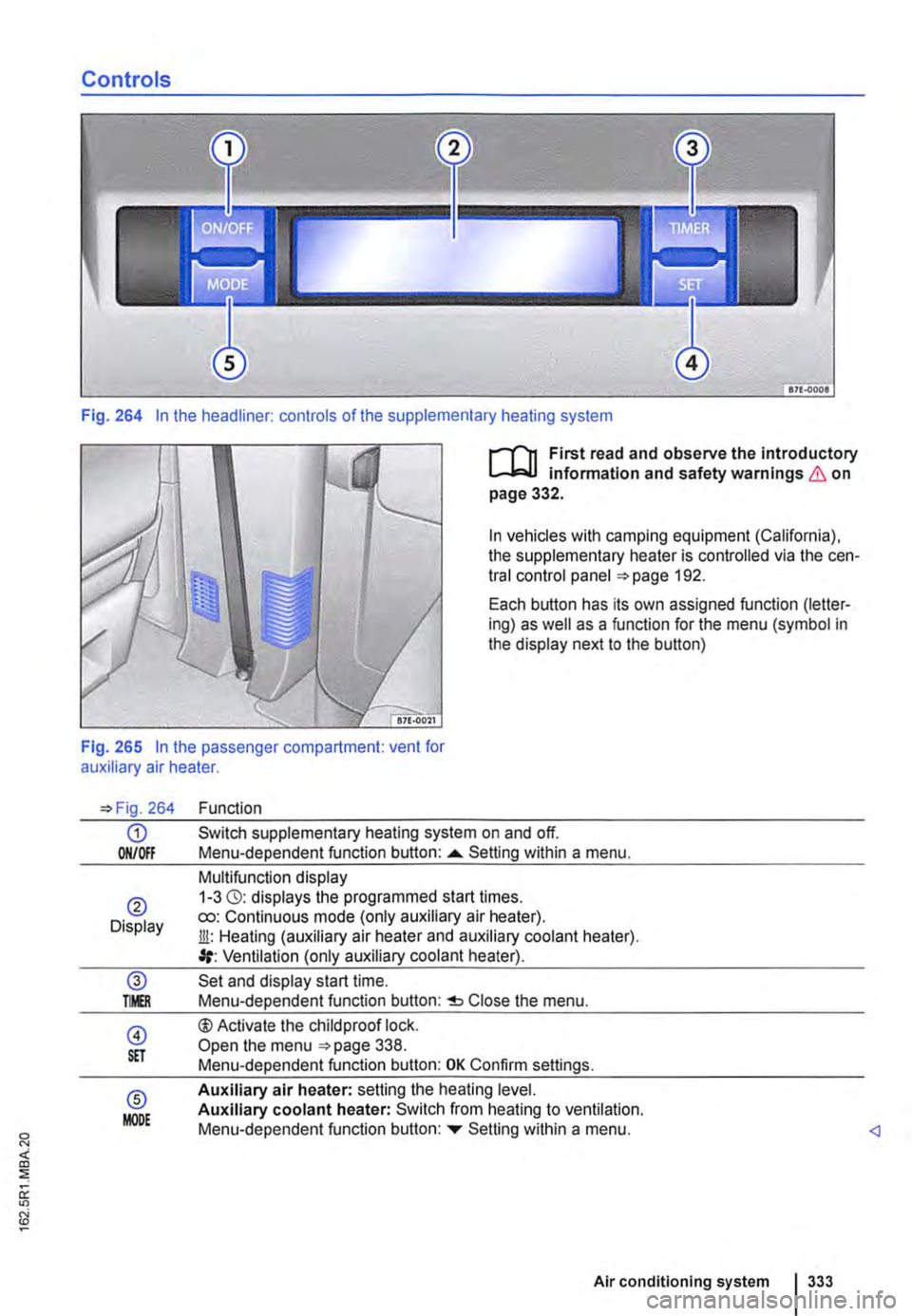 VOLKSWAGEN TRANSPORTER 2015  Owner´s Manual Controls 
Fig. 264 In the headliner: controls of the supplementary heating system 
I""""Tn First read and observe the introductory l.-..1=.1.1 infonmatlon and safety warnings & on page 332. 
In vehic