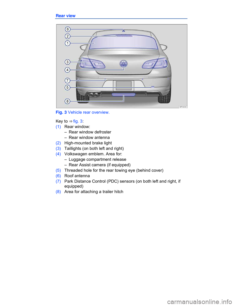 VOLKSWAGEN CC 2015  Owner´s Manual  
Rear view 
 
Fig. 3 Vehicle rear overview. 
Key to ⇒ fig. 3: 
(1) Rear window: 
–  Rear window defroster  
–  Rear window antenna  
(2) High-mounted brake light 
(3) Taillights (on both left
