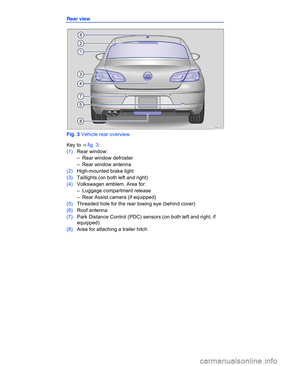 VOLKSWAGEN CC 2015  Owner´s Manual  
Rear view 
 
Fig. 3 Vehicle rear overview. 
Key to ⇒ fig. 3: 
(1) Rear window: 
–  Rear window defroster  
–  Rear window antenna  
(2) High-mounted brake light 
(3) Taillights (on both left