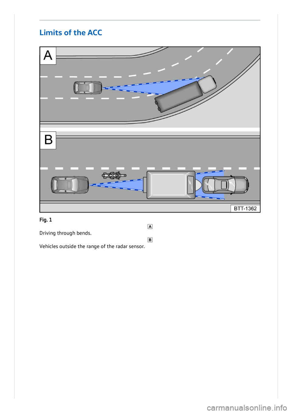 VOLKSWAGEN ID.3 2020  Owner´s Manual Lim it s  o f t he  A CC
Fig . 1 
D riv in g t h ro ug h b en ds. 
V eh ic le s o uts id e t h e r a n ge o f t h e r a d ar s e n so r. 
