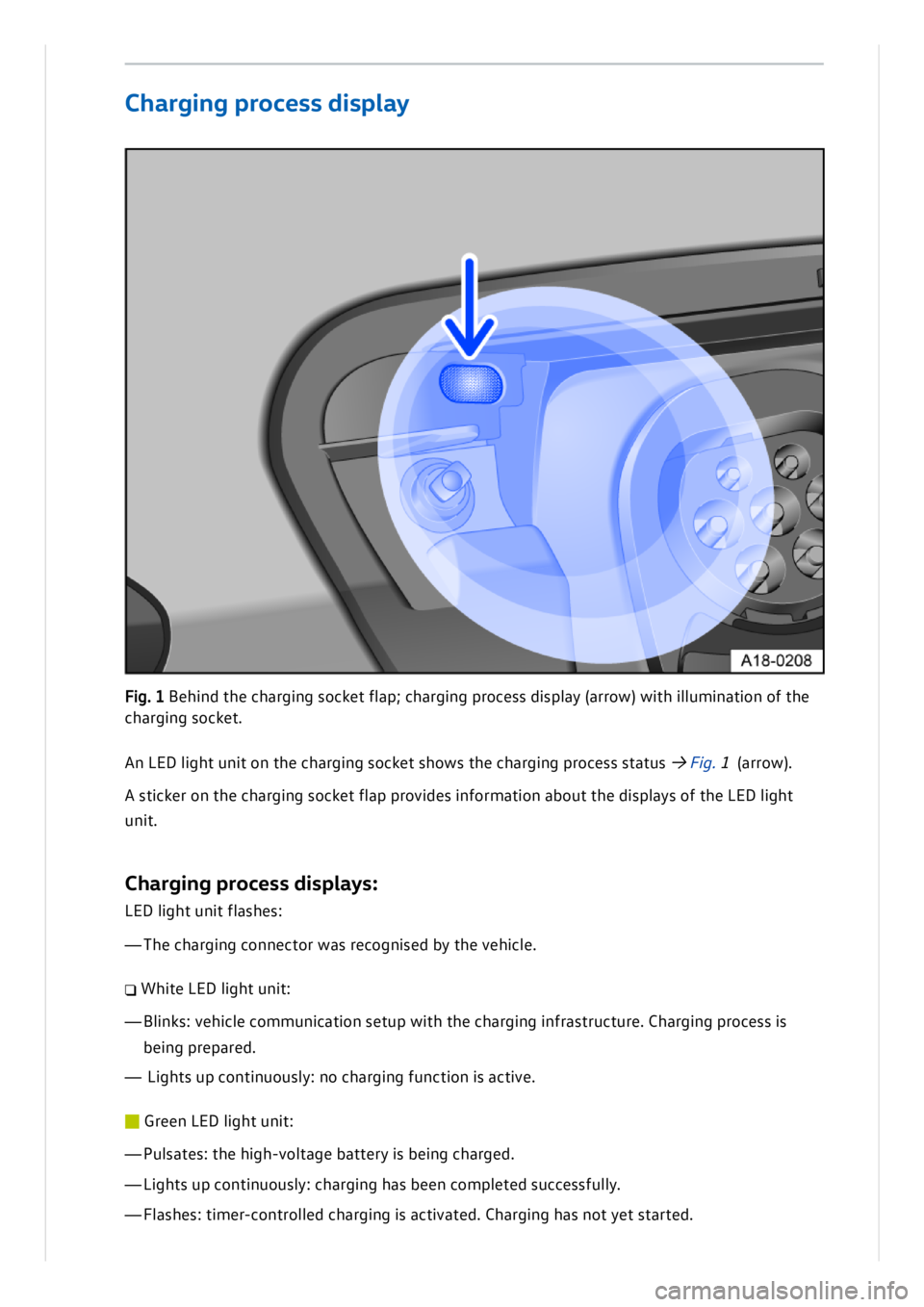 VOLKSWAGEN ID.3 2020  Owner´s Manual An LE D l ig ht u n it  o n  t h e c h arg in g s o cke t s h ow s t h e c h arg in g p ro ce ss s ta tu s →  Fig . 1 ( a rro w ).
A s tic ke r o n  t h e c h arg in g s o cke t f la p  p ro vid e