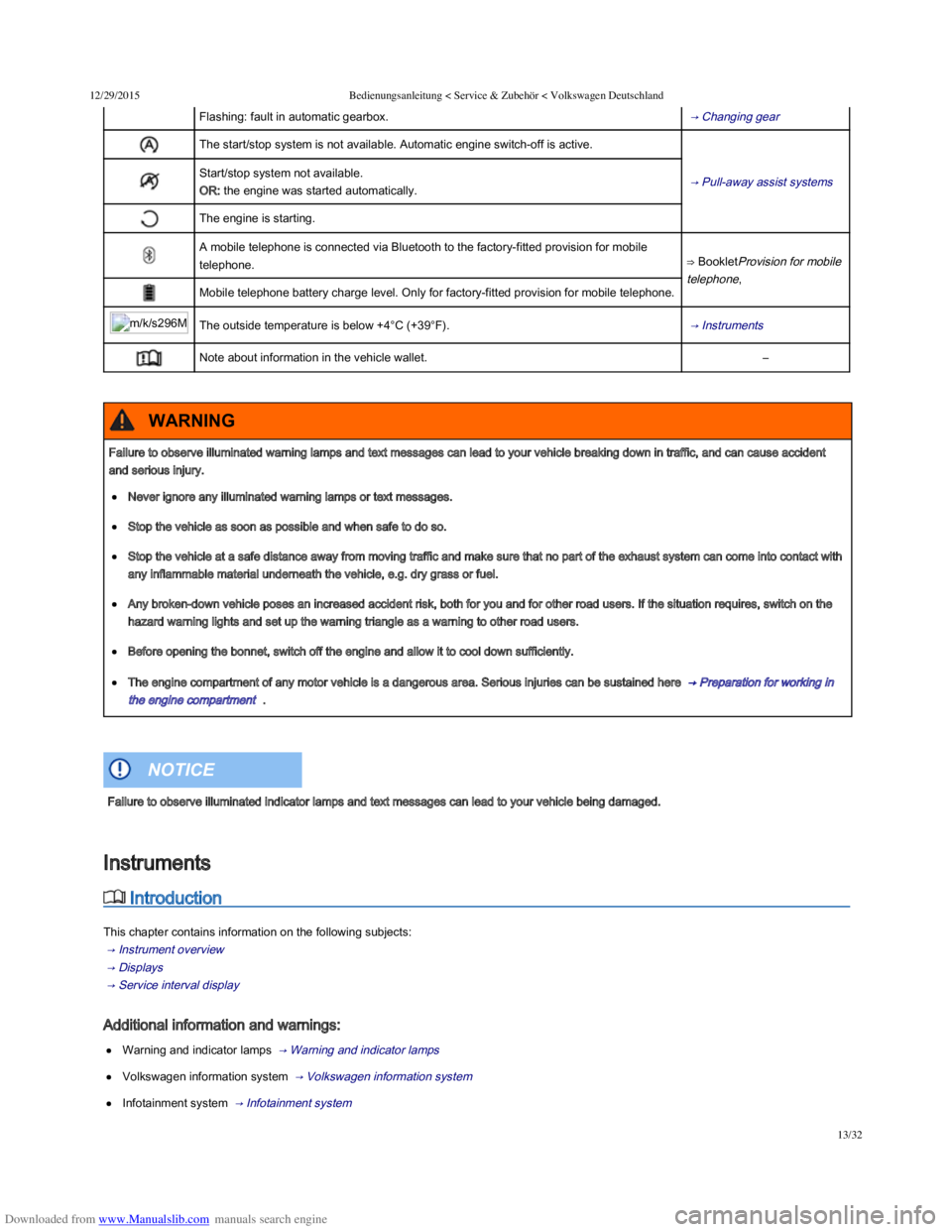 VOLKSWAGEN POLO 2015  Owner´s Manual Downloaded from www.Manualslib.com manuals search engine 12/29/2015Bedienungsanleitung < Service & Zubehör < Volkswagen Deutschland
13/32
Flashing: fault in automatic gearbox. → Changing gear  