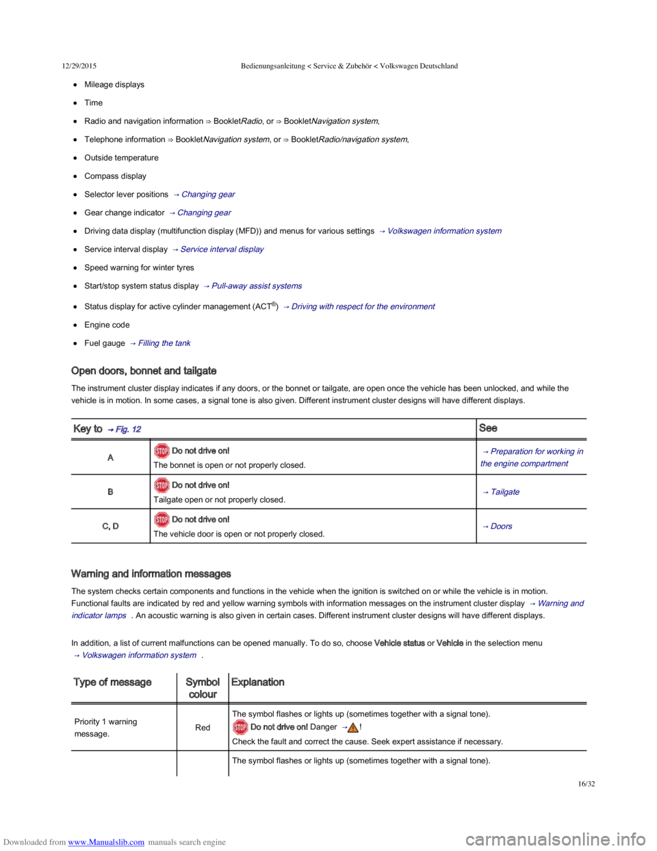 VOLKSWAGEN POLO 2015  Owner´s Manual Downloaded from www.Manualslib.com manuals search engine 12/29/2015Bedienungsanleitung < Service & Zubehör < Volkswagen Deutschland
16/32
Mileage displays
Time
Radio and navigation information ⇒ B