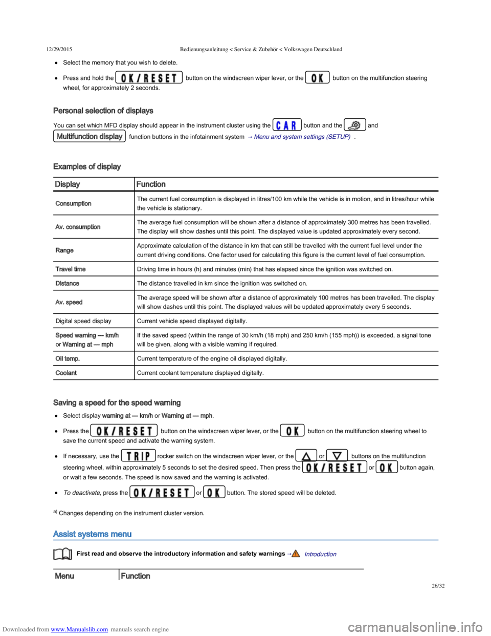 VOLKSWAGEN POLO 2015 Owner´s Manual Downloaded from www.Manualslib.com manuals search engine 12/29/2015Bedienungsanleitung < Service & Zubehör < Volkswagen Deutschland
26/32
Select the memory that you wish to delete.
Press and hold the VOLKSWAGEN POLO 2015 Owner´s Manual Downloaded from www.Manualslib.com manuals search engine 12/29/2015Bedienungsanleitung < Service & Zubehör < Volkswagen Deutschland
26/32
Select the memory that you wish to delete.
Press and hold the
