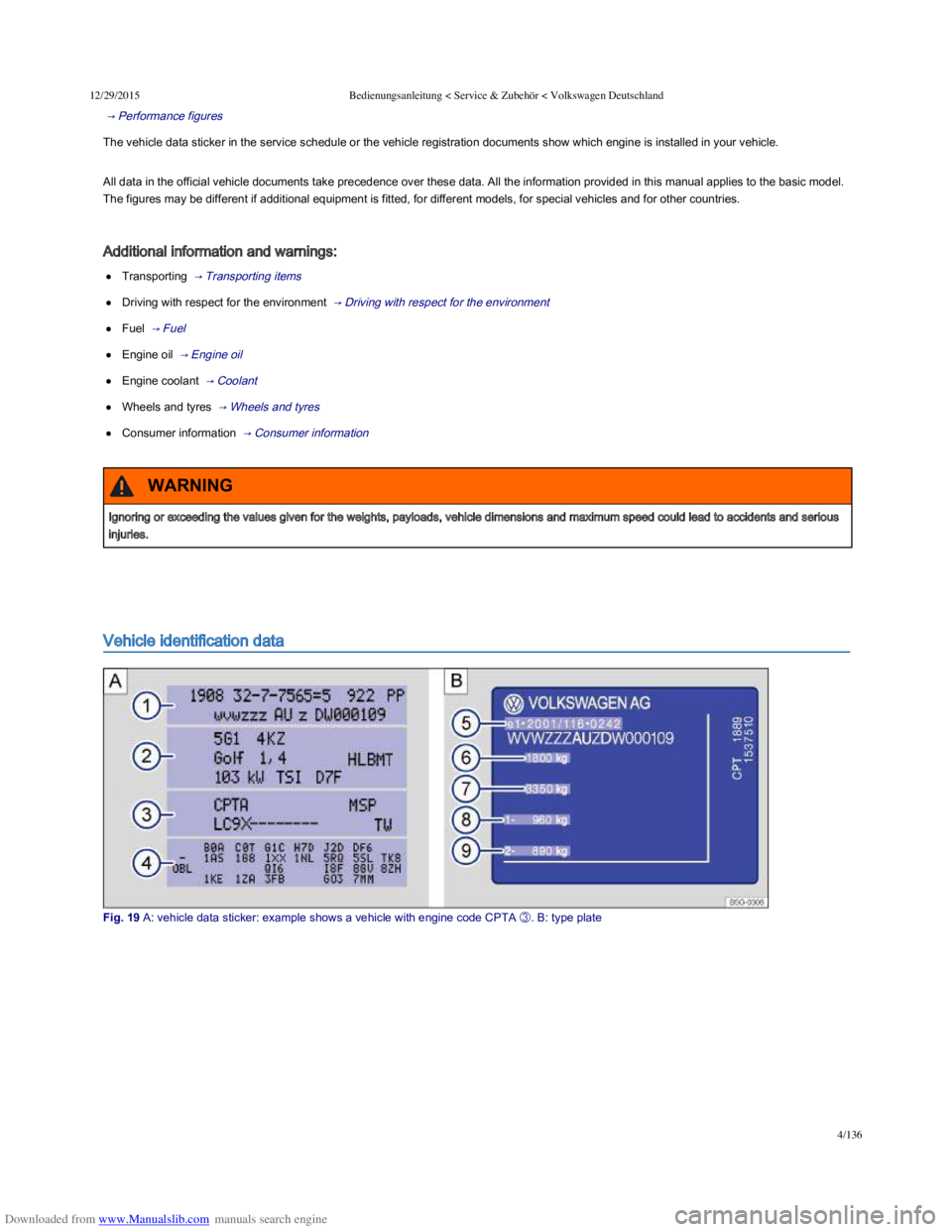 VOLKSWAGEN POLO 2015  Owner´s Manual Downloaded from www.Manualslib.com manuals search engine 12/29/2015Bedienungsanleitung < Service & Zubehör < Volkswagen Deutschland
4/136
 → Performance figures  
The vehicle data sticker in th