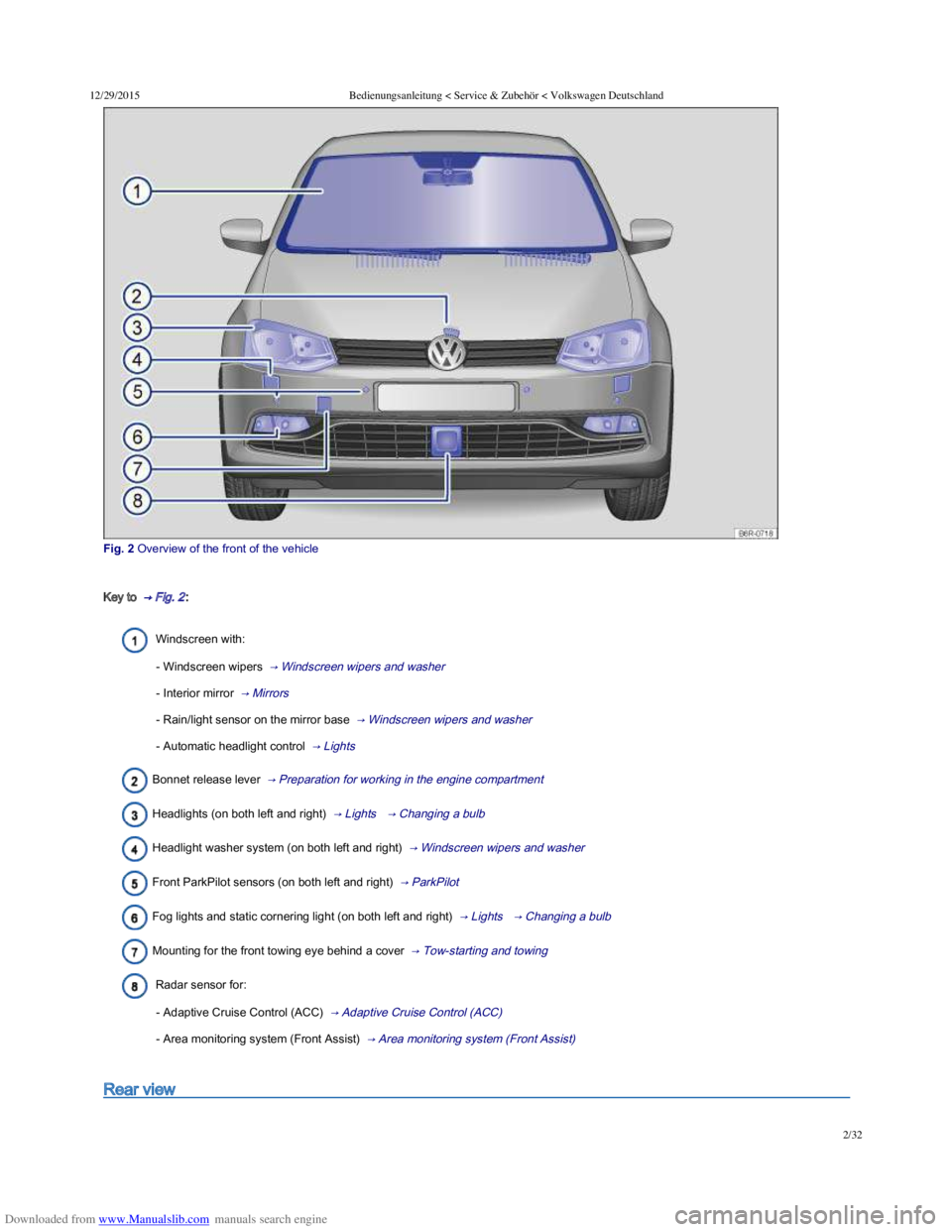 VOLKSWAGEN POLO 2015  Owner´s Manual Downloaded from www.Manualslib.com manuals search engine 12/29/2015Bedienungsanleitung < Service & Zubehör < Volkswagen Deutschland
2/32
Fig. 2 Overview of the front of the vehicle
Key to  �