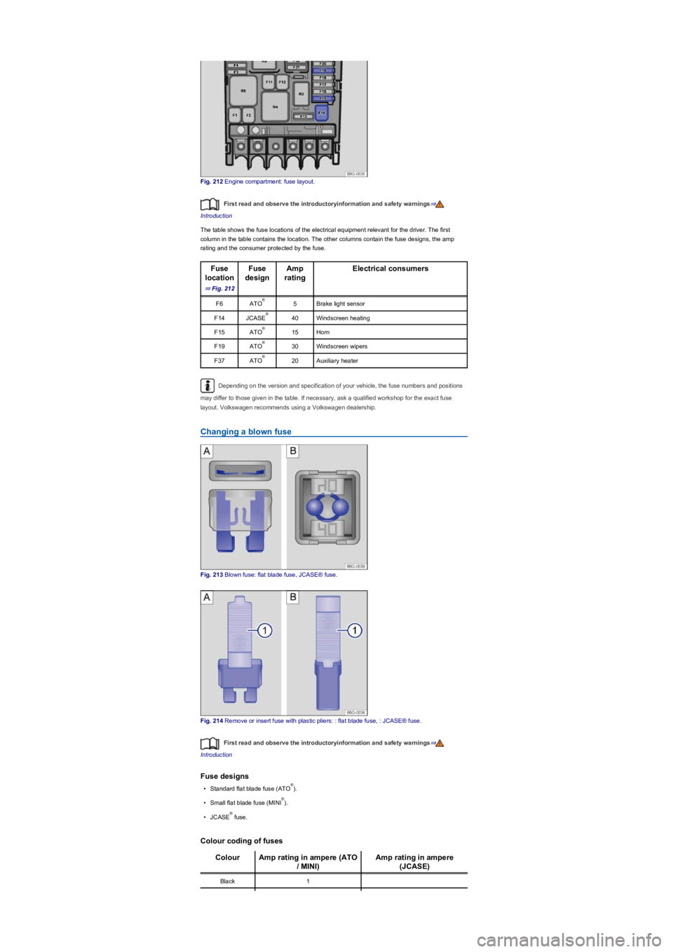 VOLKSWAGEN TIGUAN 2017 Owner´s Manual Fig. 212 Engine compartment: fuse layout.
First read and observe the introductoryinformation and safety warnings⇒
Introduction
The table shows the fuse locations of the electrical equipment relevant VOLKSWAGEN TIGUAN 2017 Owner´s Manual Fig. 212 Engine compartment: fuse layout.
First read and observe the introductoryinformation and safety warnings⇒
Introduction
The table shows the fuse locations of the electrical equipment relevant