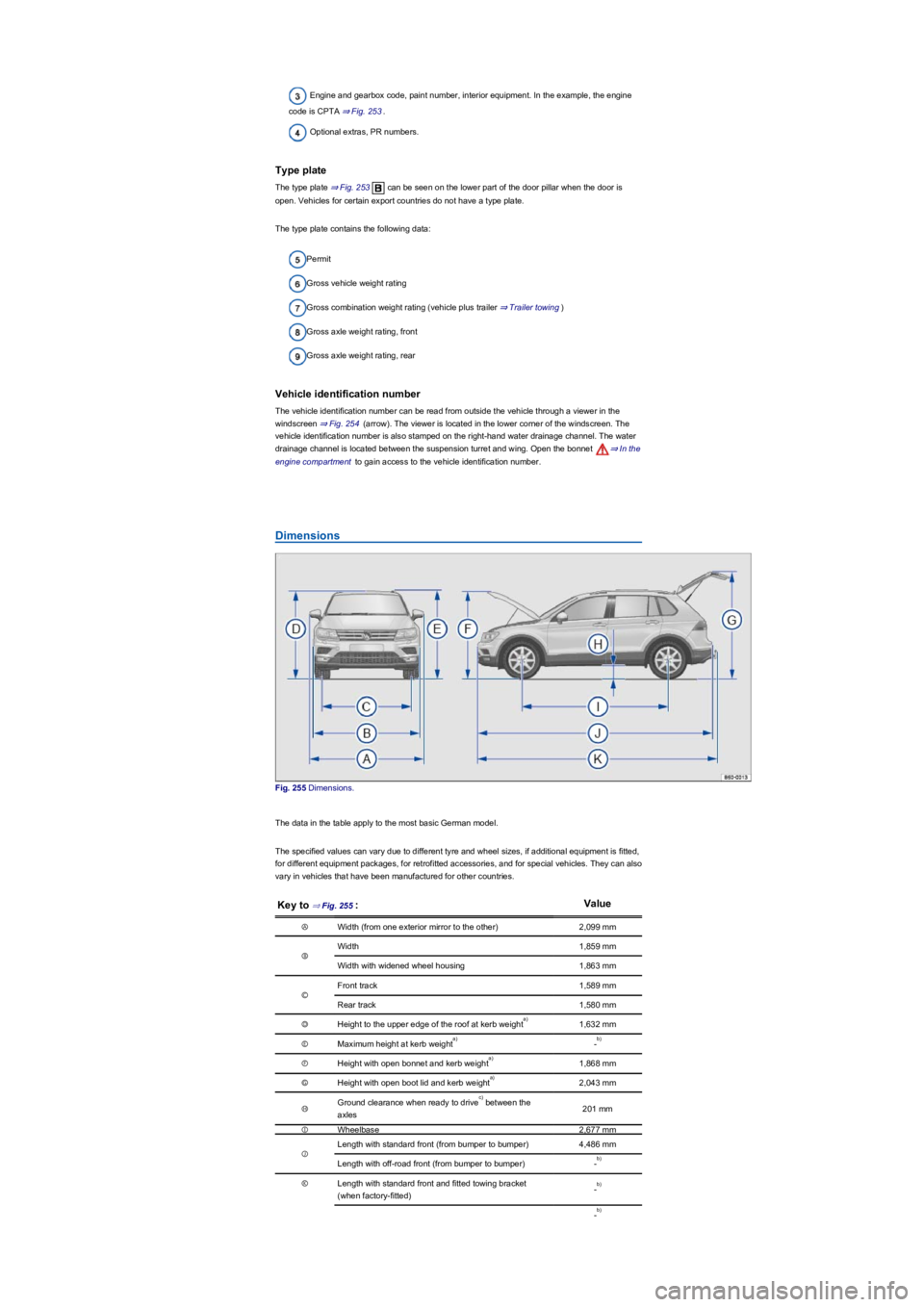 VOLKSWAGEN TIGUAN 2017  Owner´s Manual Engine and gearbox code, paint number, interior equipment. In the example, the engine 
code is CPTA ⇒ Fig. 253.
Optional extras, PR numbers.
Type plate
The type plate ⇒ Fig. 253 can be seen on