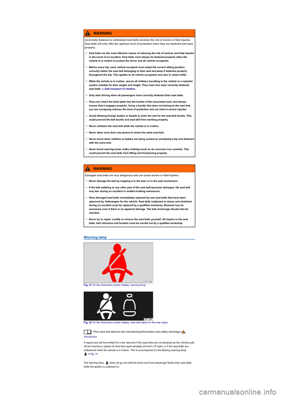 VOLKSWAGEN TIGUAN 2017  Owner´s Manual Warning lamp
Fig. 31 On the instrument cluster display: warning lamp.
Fig. 32 On the instrument cluster display: seat belt status for the rear seats.
First read and observe the introductoryinformation