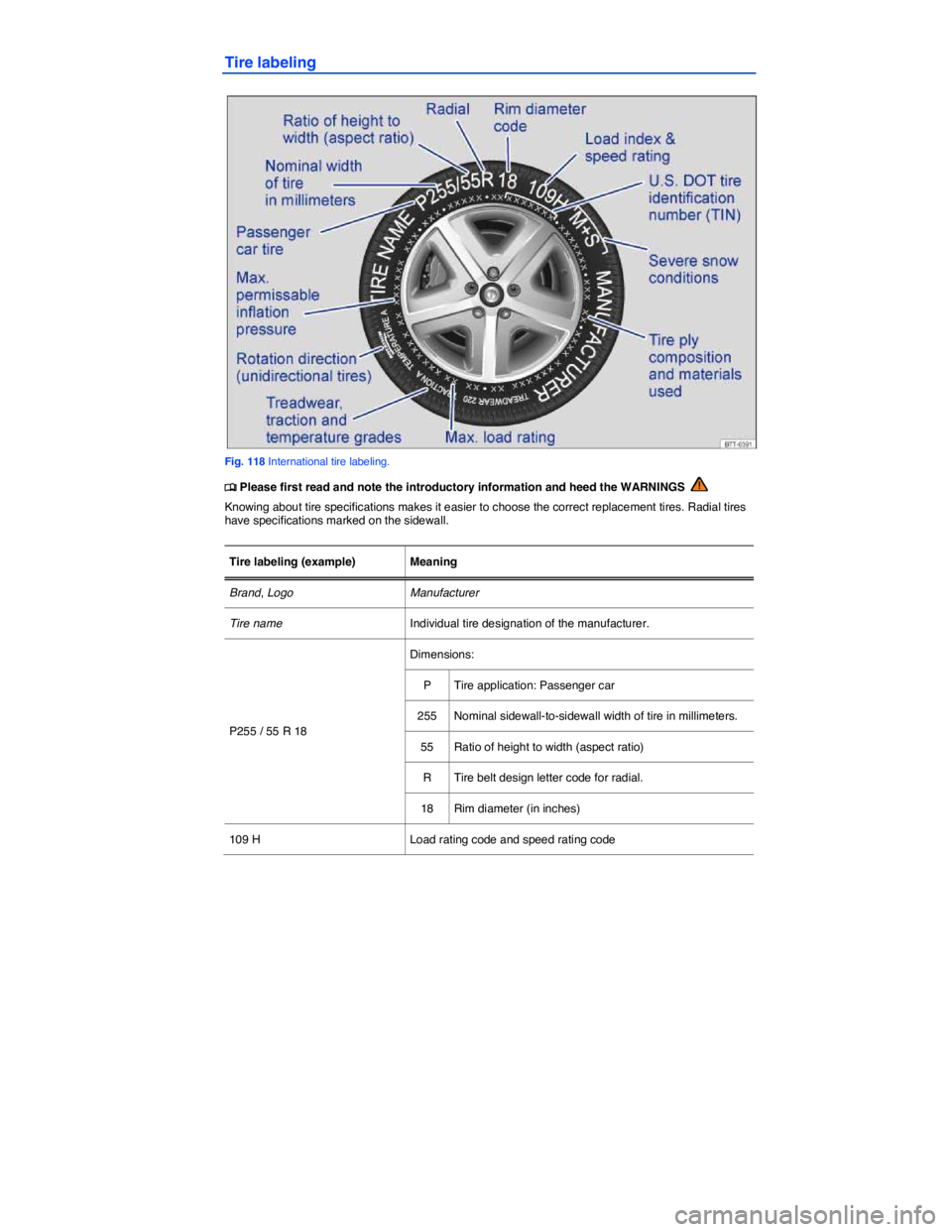 VOLKSWAGEN TIGUAN 2015  Owner´s Manual  
Tire labeling 
 
Fig. 118 International tire labeling. 
�