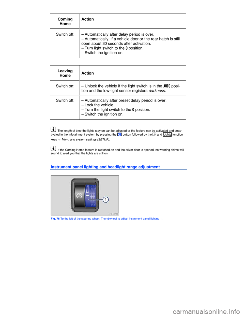 VOLKSWAGEN E-GOLF 2019  Owners Manual  
Coming 
Home  
Action  
Switch off:   – Automatically after delay period is over. 
– Automatically, if a vehicle door or the rear hatch is still 
open about 30 seconds after activation. 
– Tur