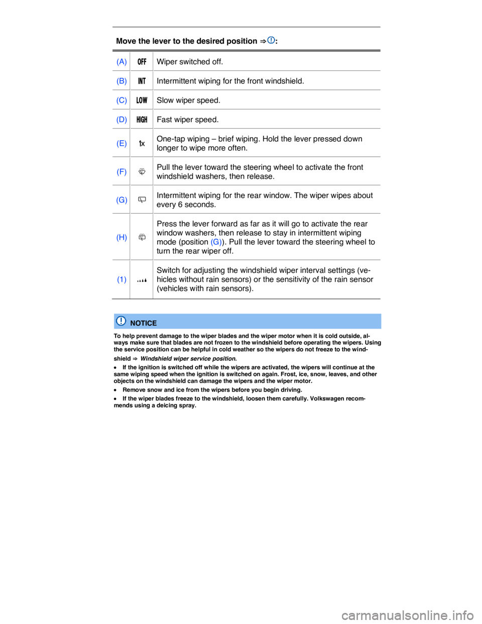 VOLKSWAGEN E-GOLF 2019  Owners Manual  
Move the lever to the desired position ⇒ :  
(A)  �/�&�&   Wiper switched off.  
(B)  �)�.�4   Intermittent wiping for the front windshield.  
(C)  �,�/�7   Slow wiper speed.  
(D)  �(�)��(   F