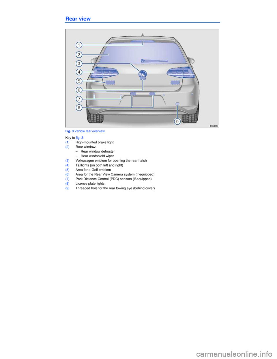 VOLKSWAGEN E-GOLF 2019  Owners Manual  
Rear view 
 
Fig. 3 Vehicle rear overview. 
Key to fig. 3: 
(1) High-mounted brake light  
(2) Rear window: 
–  Rear window defroster  
–  Rear windshield wiper  
(3) Volkswagen emblem for openi