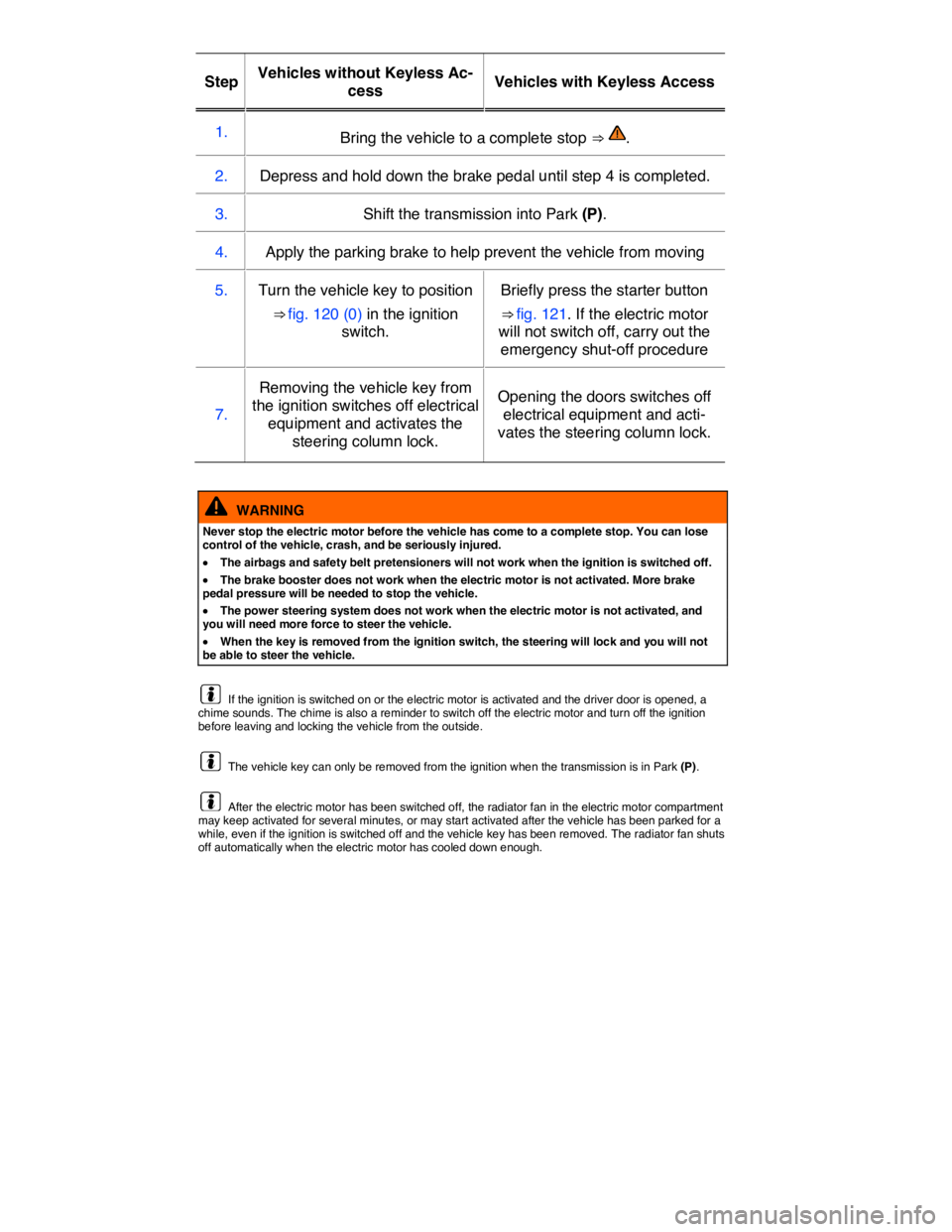VOLKSWAGEN E-GOLF 2019  Owners Manual  
Step  Vehicles without Keyless Ac-
cess  Vehicles with Keyless Access  
1.  Bring the vehicle to a complete stop ⇒ .  
2.   Depress and hold down the brake pedal until step 4 is completed.  
3. 