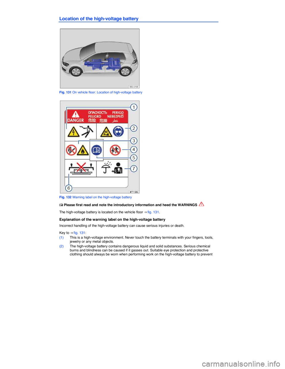 VOLKSWAGEN E-GOLF 2019  Owners Manual  
Location of the high-voltage battery 
 
Fig. 131 On vehicle floor: Location of high-voltage battery 
 
Fig. 132 Warning label on the high-voltage battery 
�