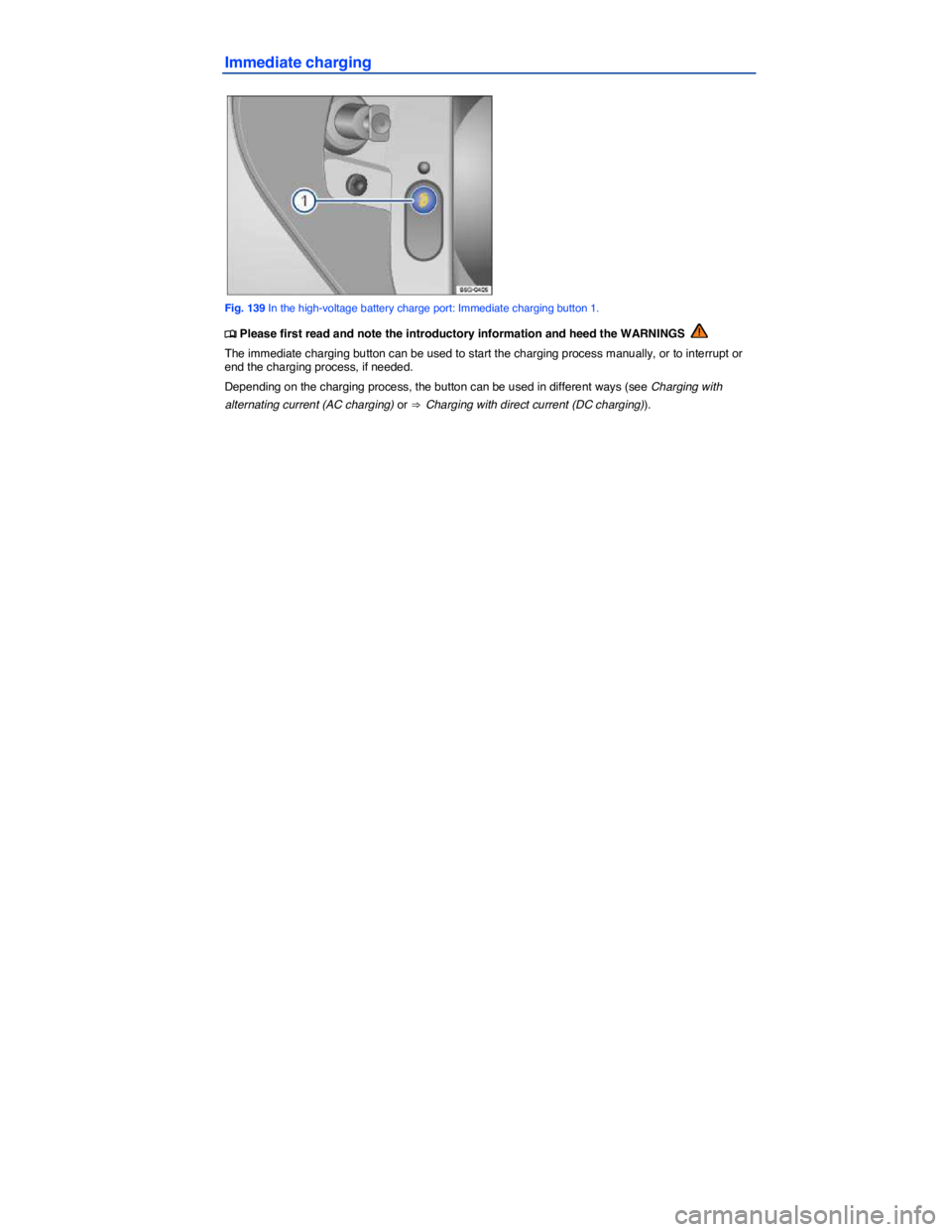 VOLKSWAGEN E-GOLF 2019  Owners Manual  
Immediate charging 
 
Fig. 139 In the high-voltage battery charge port: Immediate charging button 1. 
�