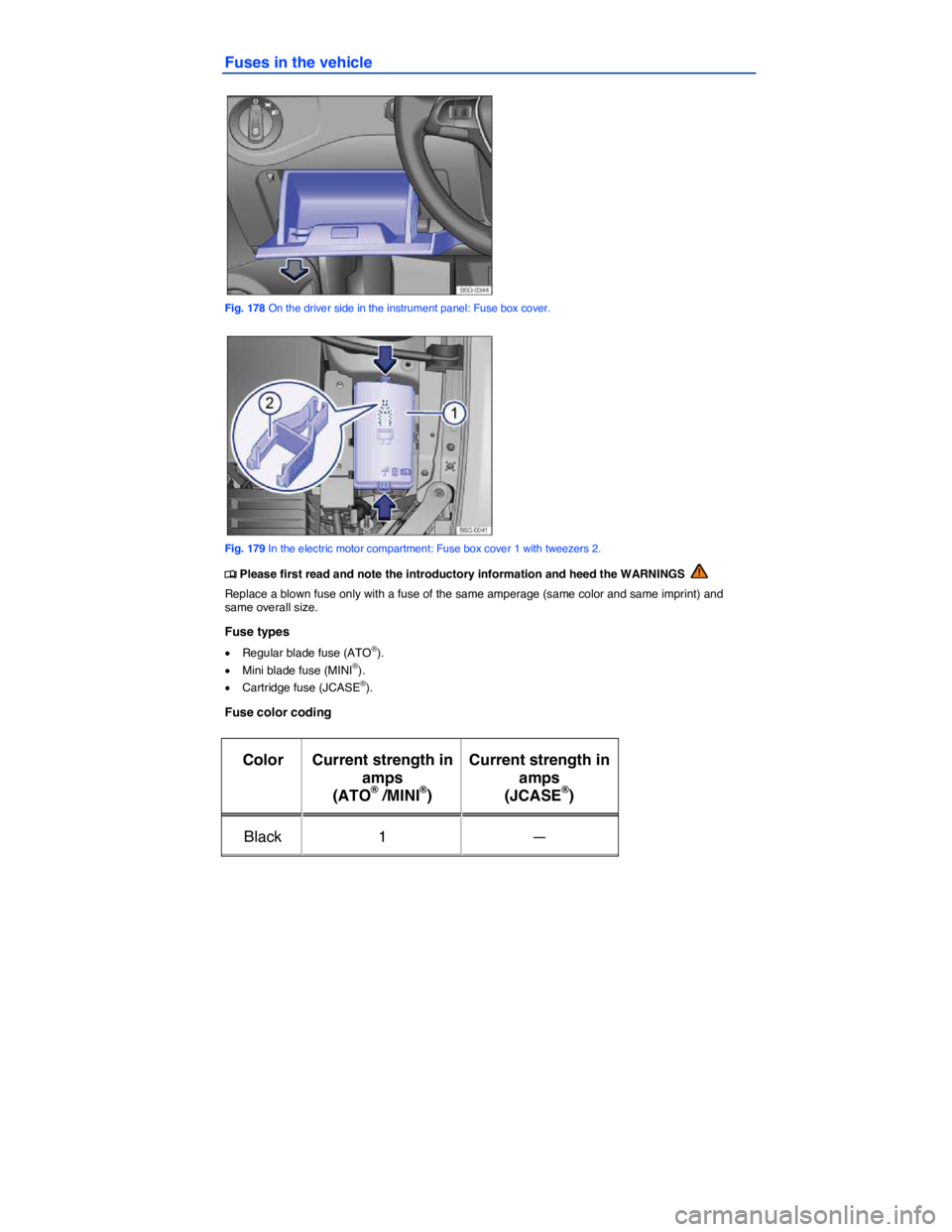 VOLKSWAGEN E-GOLF 2019  Owners Manual  
Fuses in the vehicle 
 
Fig. 178 On the driver side in the instrument panel: Fuse box cover. 
 
Fig. 179 In the electric motor compartment: Fuse box cover 1 with tweezers 2. 
�
