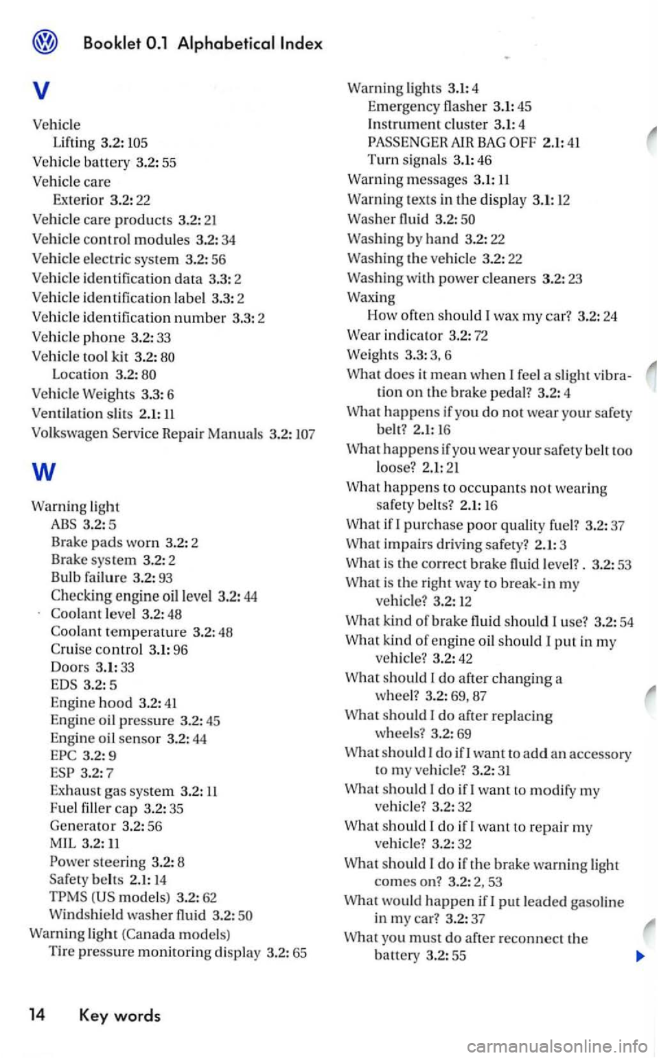 VOLKSWAGEN GOLF MK5 2006  Owners Manual Booklet 
v 
Vehicle Lifting  3.2: 
Location  3.2: 
Vehicle  Weights 3.3: 6 
Ventil atio n slit s  2.1: 
Volk s wagen  Servic e Repair  Manuals 3.2 : 
w 
Warn ing light 
3.2: 5 
Brake 
pads worn 3.2:  