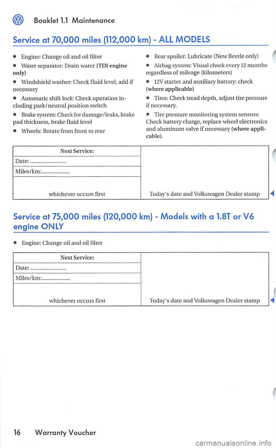 VOLKSWAGEN GOLF MK5 2006 Owners Guide 1.1 Maintenance 
Engine: 
Wate r  separato r:  Drain  water engine 
o nly) 
Windsh ie ld  was he r: 
n ecessary 
Automa ti c s hift  lock : operatio n 
Brake  system: damage/leak s, brake 
pad t h ick