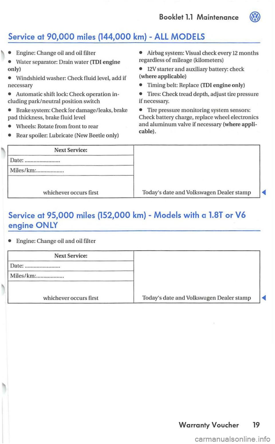 VOLKSWAGEN GOLF MK5 2006 Owners Manual Eng in e:
Water separator: Drain water engin e
o nly)
Wind shiel d washer: fluid level, add if
necessary
Automatic shift lock: cluding park/neutral position switch
Brake system:
Wheels: VOLKSWAGEN GOLF MK5 2006 Owners Manual Eng in e:
Water separator: Drain water engin e
o nly)
Wind shiel d washer: fluid level, add if
necessary
Automatic shift lock: cluding park/neutral position switch
Brake system:
Wheels: