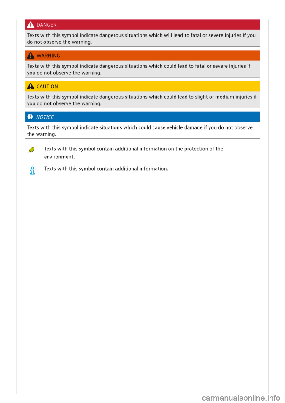 VOLKSWAGEN GOLF 8 GTE 2020 User Guide DANGER
Textswhthsymboidatedangeroussuatnswhhwllladtofatarseverersyou
donotobservethewarng
WARNG
Textswhthsymboidatedangeroussuatnswhhcouadtofatarseverers
youdonotobservethewarng
CAUTN
Textswhthsymboid