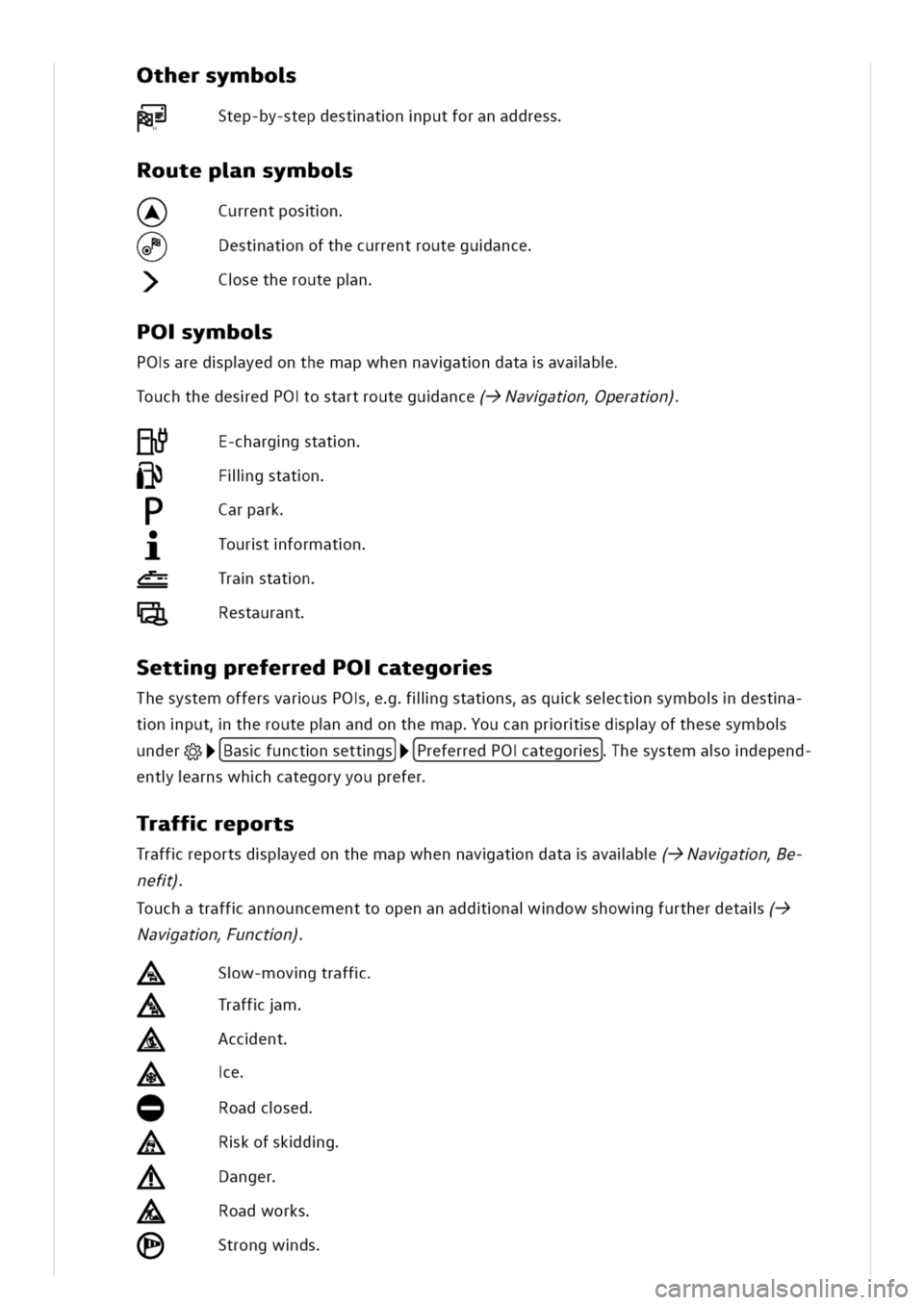 VOLKSWAGEN GOLF 8 GTE 2020 Owners Manual thersymbo
|S?Step-by-stepdestatnputforanaddress
outepnsymbo
Currentposn
estatnofthecurrentrouteguance
setheroutepn
POymbo
POaredpyedonthemapwhennavatndataavalb
ouchthedesedPOostartrouteguance(->Navatn VOLKSWAGEN GOLF 8 GTE 2020 Owners Manual thersymbo
|S?Step-by-stepdestatnputforanaddress
outepnsymbo
Currentposn
estatnofthecurrentrouteguance
setheroutepn
POymbo
POaredpyedonthemapwhennavatndataavalb
ouchthedesedPOostartrouteguance(->Navatn