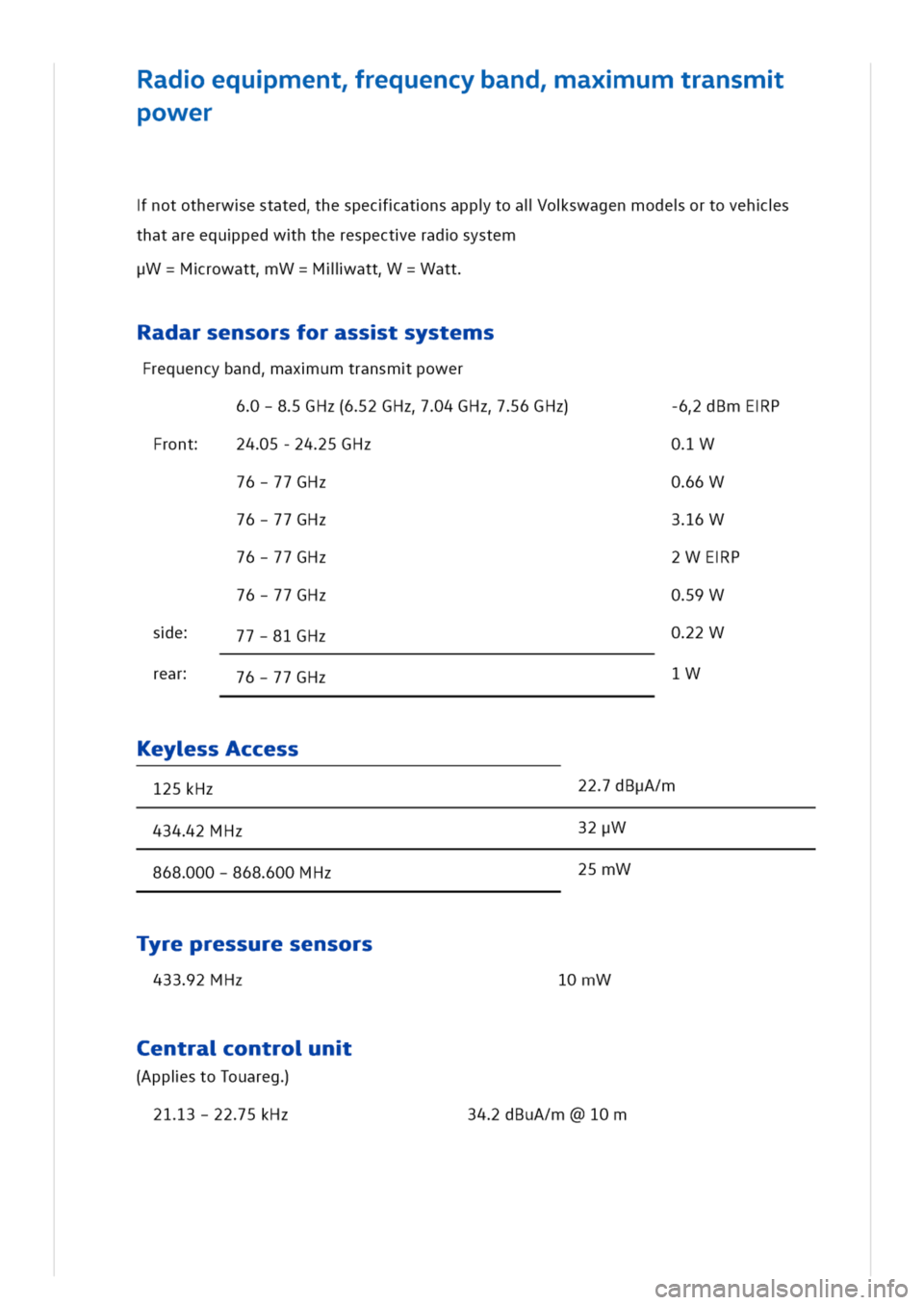 VOLKSWAGEN GOLF 8 GTE 2020 Owners Manual adequmentrequencybandaxumtransm
power
nototherwestatedhespecatnsapptoaloswagenmodeortovehs
thatareequpedwhtherespecteradsystem
pW=MrowattW=Mlliatt=Watt
adarsensorsforasstsystems
Frequencybandaxumtrans VOLKSWAGEN GOLF 8 GTE 2020 Owners Manual adequmentrequencybandaxumtransm
power
nototherwestatedhespecatnsapptoaloswagenmodeortovehs
thatareequpedwhtherespecteradsystem
pW=MrowattW=Mlliatt=Watt
adarsensorsforasstsystems
Frequencybandaxumtrans
