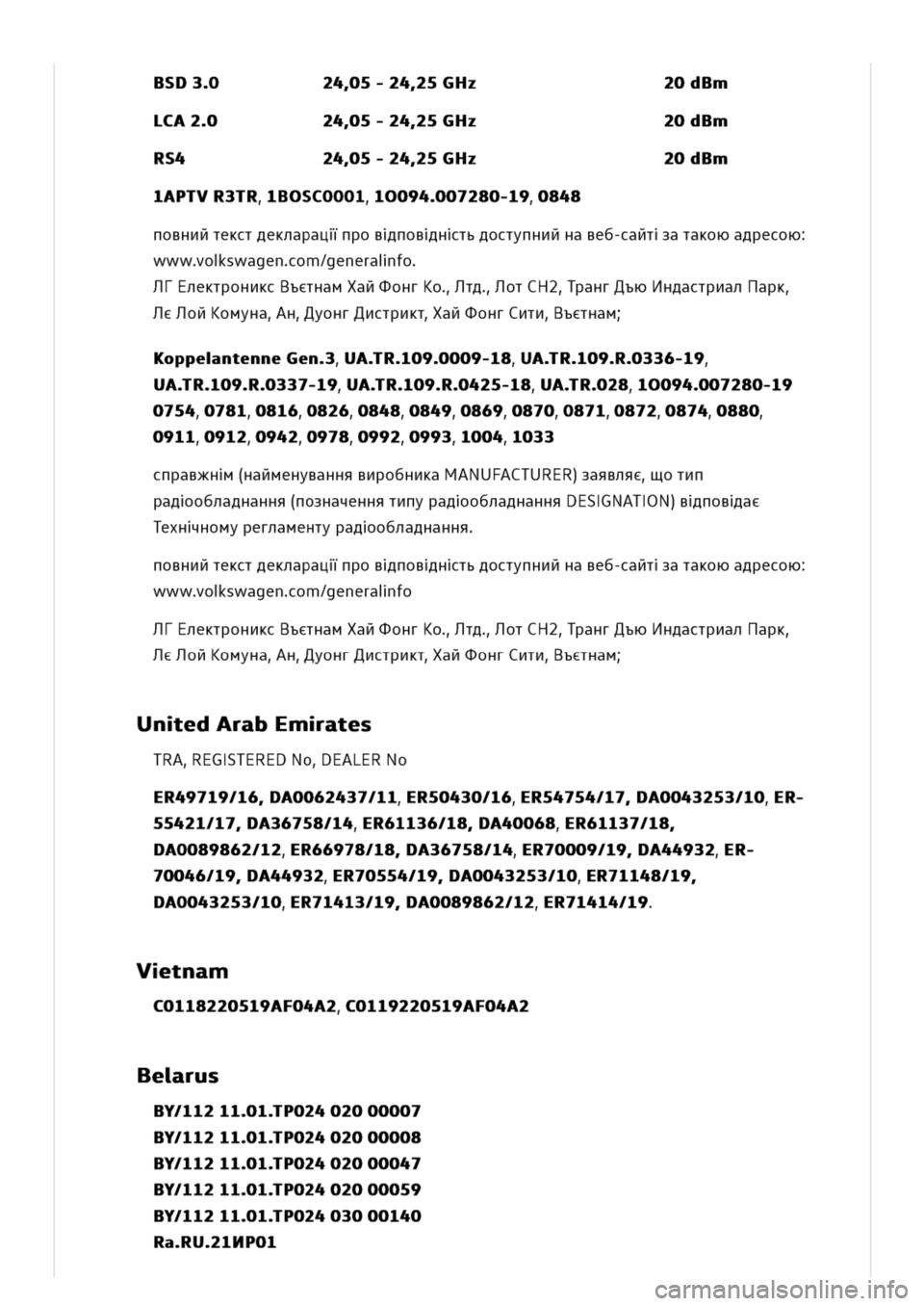 VOLKSWAGEN GOLF 8 GTE 2020 Owners Manual 0dBmBSD3245-245GHz
20dBmLCA2245-245GHz
20dBmRS4245-245GHz
1APTVR3TRBOSC0001009407280-19848
noBHHHTeKCTAeK/pagipoBoBTbfcnm/mHaBe6-cataTaKoaApecoto
wwoswagenom/generaifo
r/poHHKCBbCTHaMXan(DOHTKO,IA,ITC VOLKSWAGEN GOLF 8 GTE 2020 Owners Manual 0dBmBSD3245-245GHz
20dBmLCA2245-245GHz
20dBmRS4245-245GHz
1APTVR3TRBOSC0001009407280-19848
noBHHHTeKCTAeK/pagipoBoBTbfcnm/mHaBe6-cataTaKoaApecoto
wwoswagenom/generaifo
r/poHHKCBbCTHaMXan(DOHTKO,IA,ITC