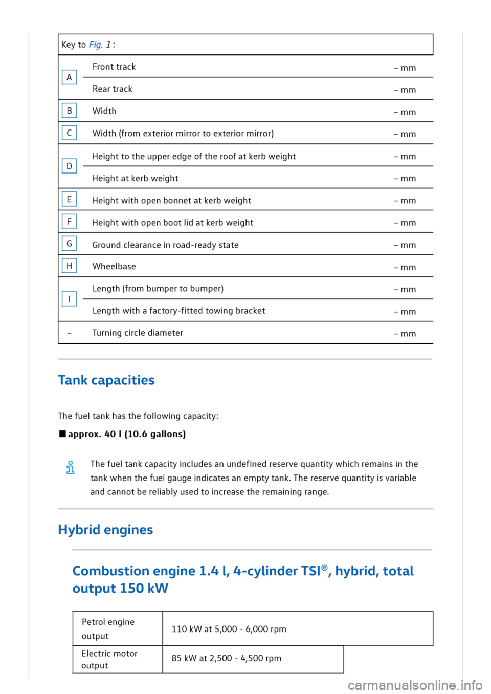 VOLKSWAGEN GOLF 8 GTE 2020 Owners Manual eytoF
ronttrack-mm
A
Reartrack-mm
BWth-mm
CWth(fromexterrmrortoexterrmror)-mm
Hehttotheupperedgeoftheroofatkerbweht-mm
D
Hehtatkerbweht-mm
EHehtwhopenbonnetatkerbweht-mm
FHehtwhopenbootiatkerbweht-mm
VOLKSWAGEN GOLF 8 GTE 2020 Owners Manual eytoF
ronttrack-mm
A
Reartrack-mm
BWth-mm
CWth(fromexterrmrortoexterrmror)-mm
Hehttotheupperedgeoftheroofatkerbweht-mm
D
Hehtatkerbweht-mm
EHehtwhopenbonnetatkerbweht-mm
FHehtwhopenbootiatkerbweht-mm