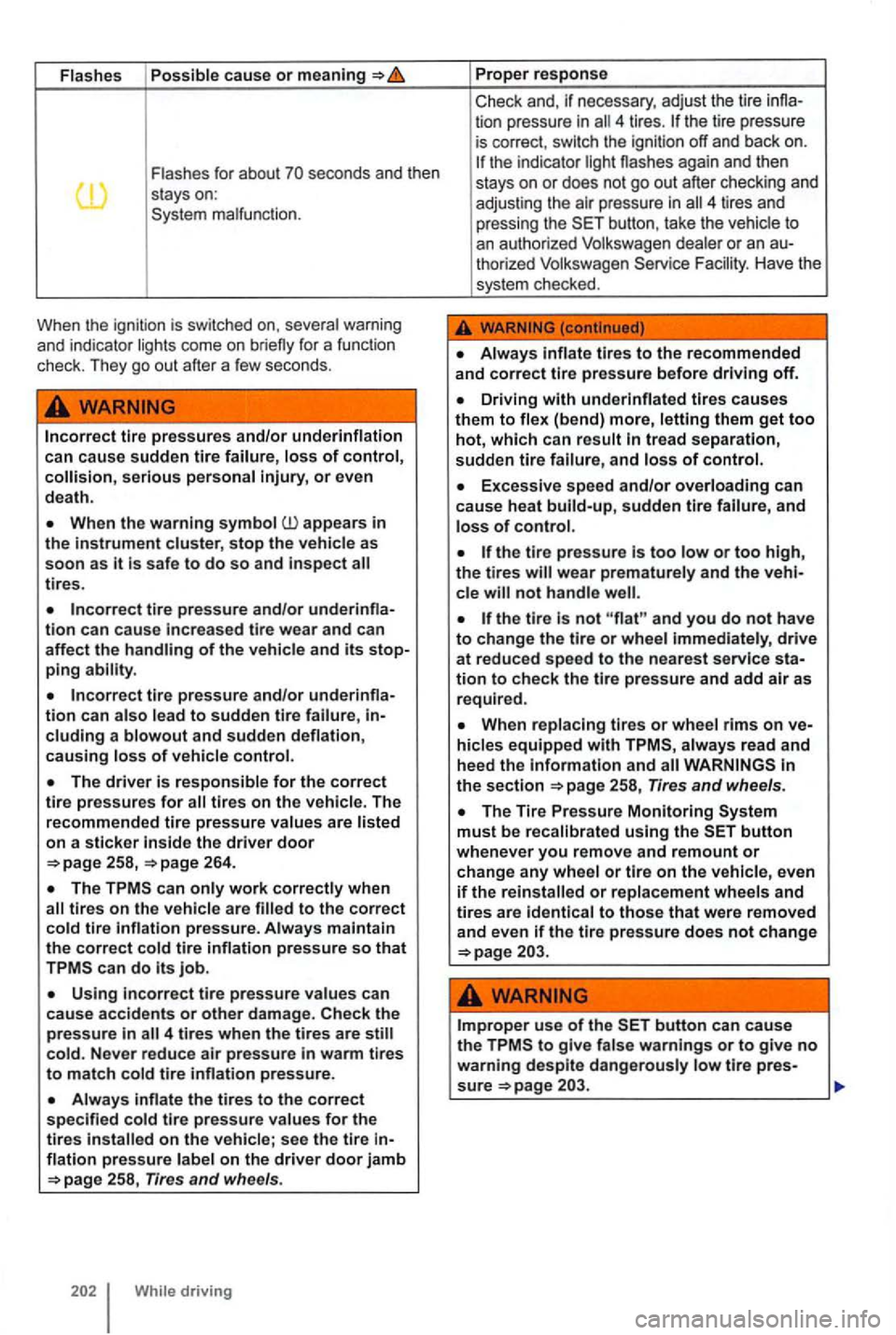VOLKSWAGEN GOLF MK6 2012 Owners Manual Flashes Possible cause or meaning
Flashes for abou t
Incorrect tire pressures and/or underinflation
can cause sudden tire failure, loss of control, serious personal injury, or even
death.
a VOLKSWAGEN GOLF MK6 2012 Owners Manual Flashes Possible cause or meaning
Flashes for abou t
Incorrect tire pressures and/or underinflation
can cause sudden tire failure, loss of control, serious personal injury, or even
death.
a