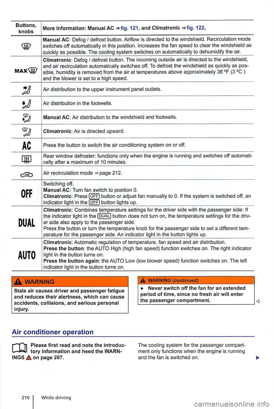 VOLKSWAGEN GOLF MK6 2012 Owners Manual Buttons, More information: AC 121, and 122,
knobs
defrost button. Airflow is direc ted to the windshield. Recirc u lation mode switches off autom atically in thi s position. th e w indshie ld VOLKSWAGEN GOLF MK6 2012 Owners Manual Buttons, More information: AC 121, and 122,
knobs
defrost button. Airflow is direc ted to the windshield. Recirc u lation mode switches off autom atically in thi s position. th e w indshie ld