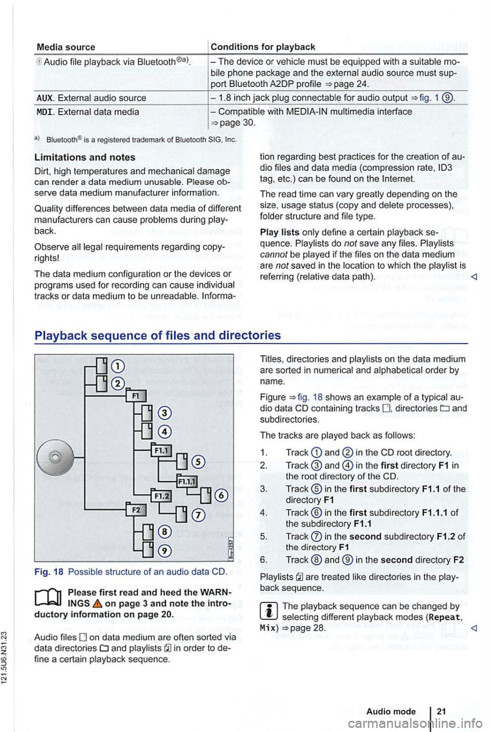 VOLKSWAGEN GOLF MK6 2012  Owners Manual Media source Conditions for playback 
Audio file playback  via Bluetooth®a)_  - The  device  or vehicle  must be  equipped with a  suitable  mo­
profile 
connectable for  audio  output 1 
MDI.  Exte