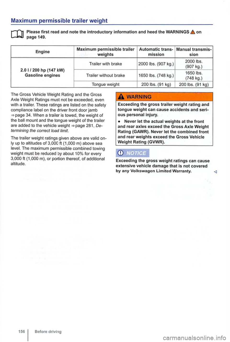 VOLKSWAGEN GOLF 2012 Owners Manual Maximum 
first read and note the introductory information  and heed the on 
with brake 
engines (748 kg.) (748 kg. ) 
Tongue  weight 
(91 kg) 
The  Gross 
These ratings are 
is the  weight of the moun