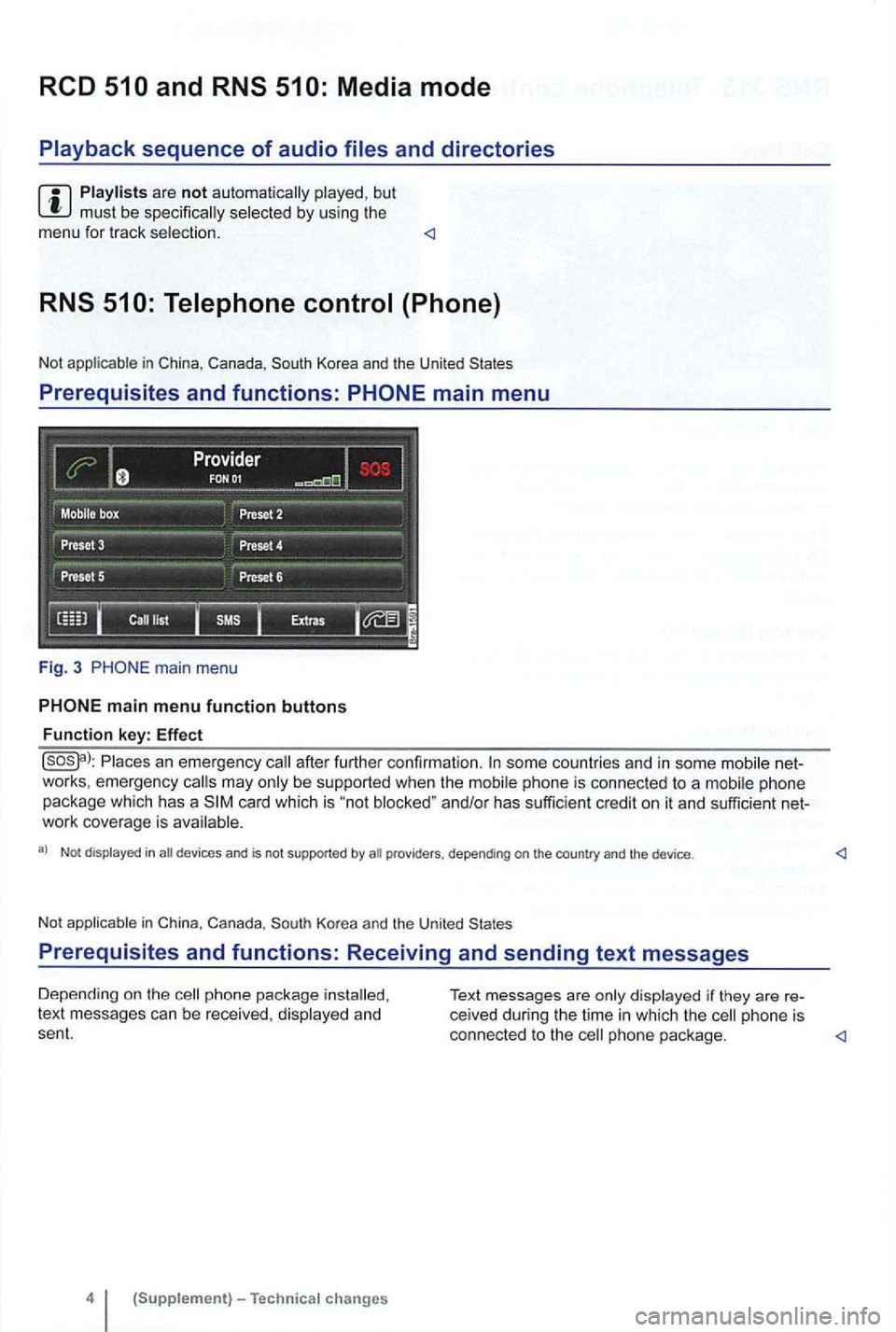 VOLKSWAGEN GOLF 2012  Owners Manual are not but must  be selected by using  the 
menu  for  track selection. <l 
in Korea and the United  States 
Prerequisites and functions: PHONE main menu 
Fig.  3 PHO NE  ma in  menu 
Places  an eme 